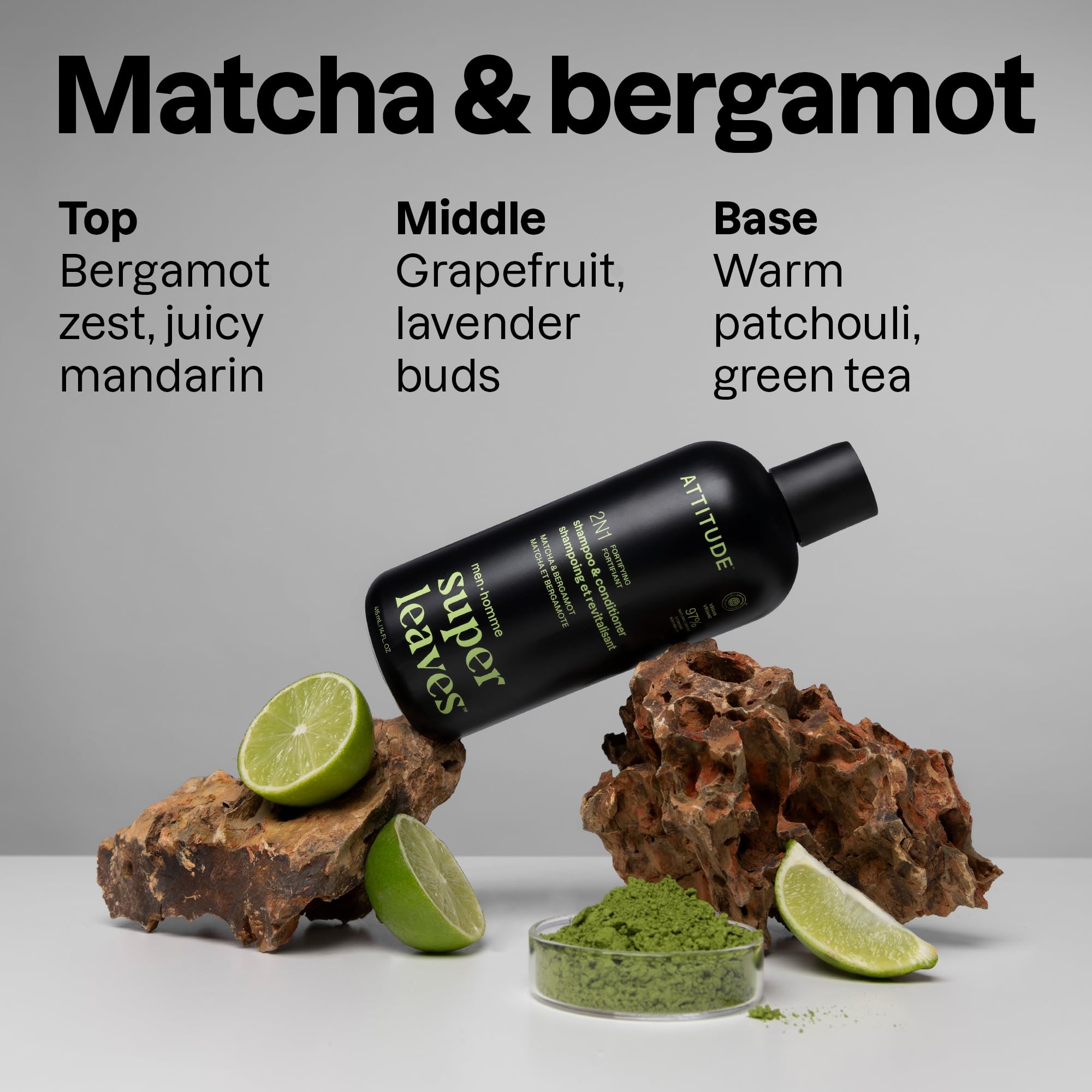 ATTITUDE ingredientes 97% origen natural, cafeína y extractos vegetales para cabello fuerte.