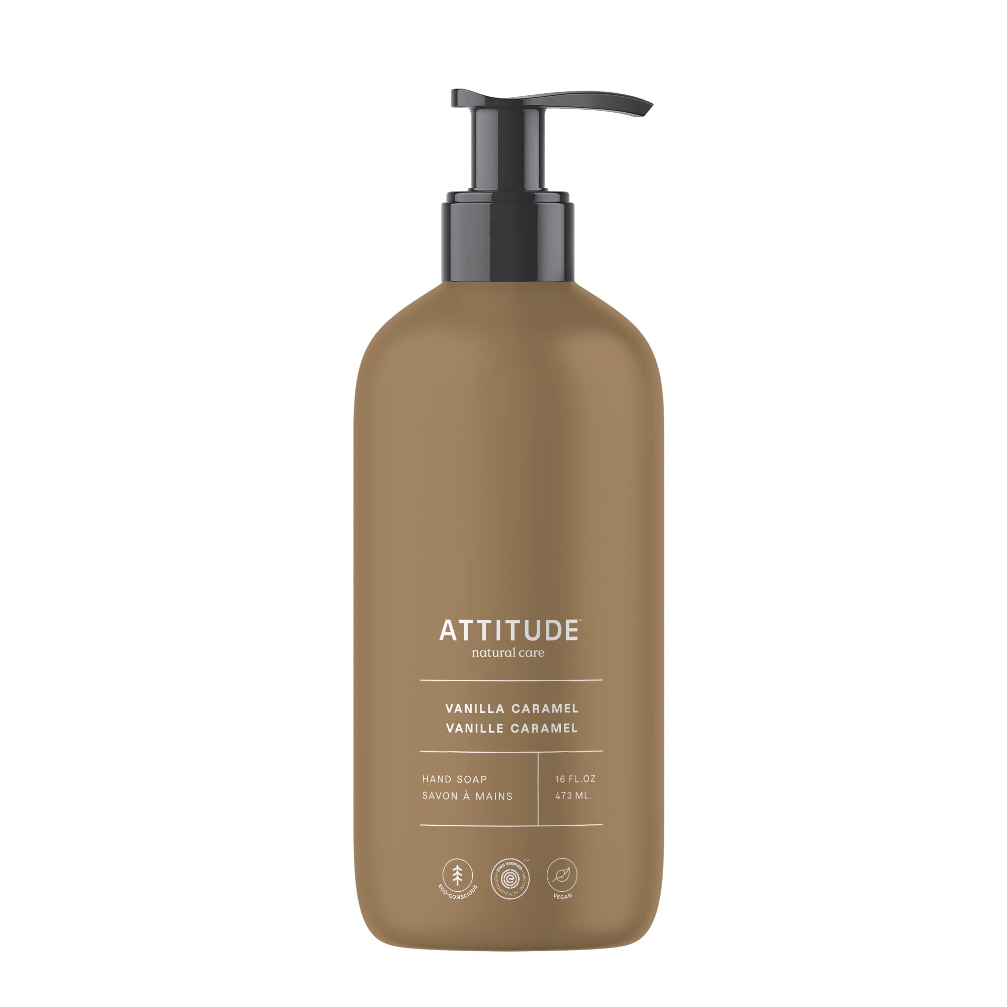 ATTITUDE jabón líquido de manos con fragancia vainilla y caramelo en botella.