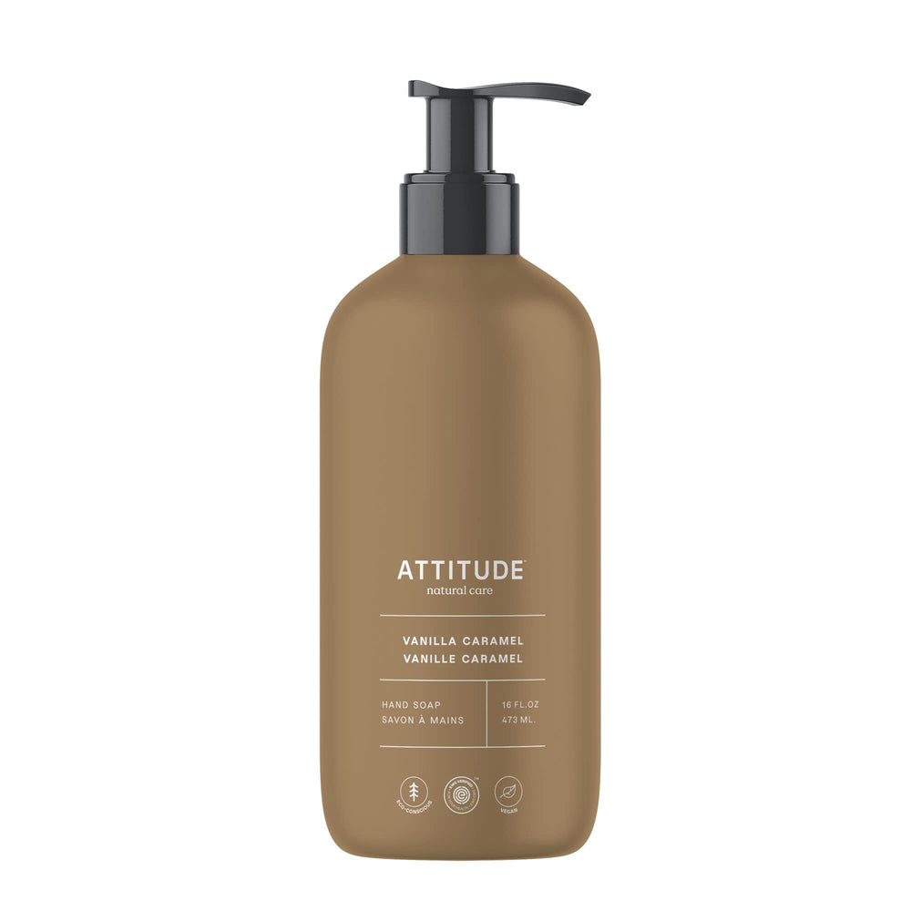ATTITUDE jabón líquido de manos con fragancia vainilla y caramelo en botella.