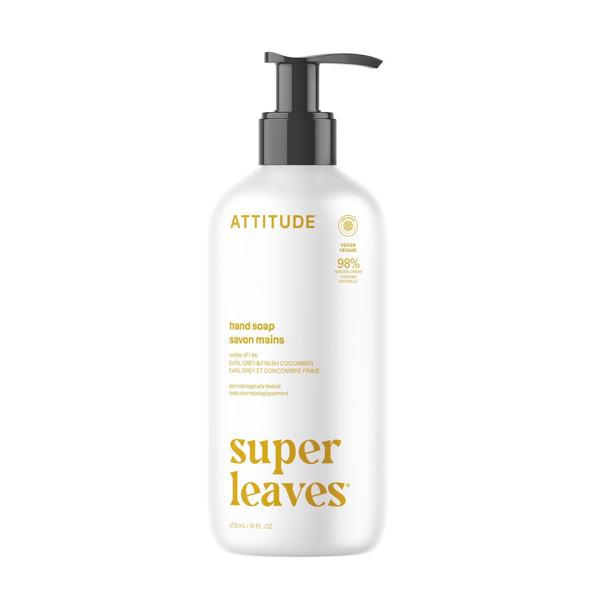 ATTITUDE liquid hand soap bottle with Earl Grey and cucumber scent for gentle cleansing.