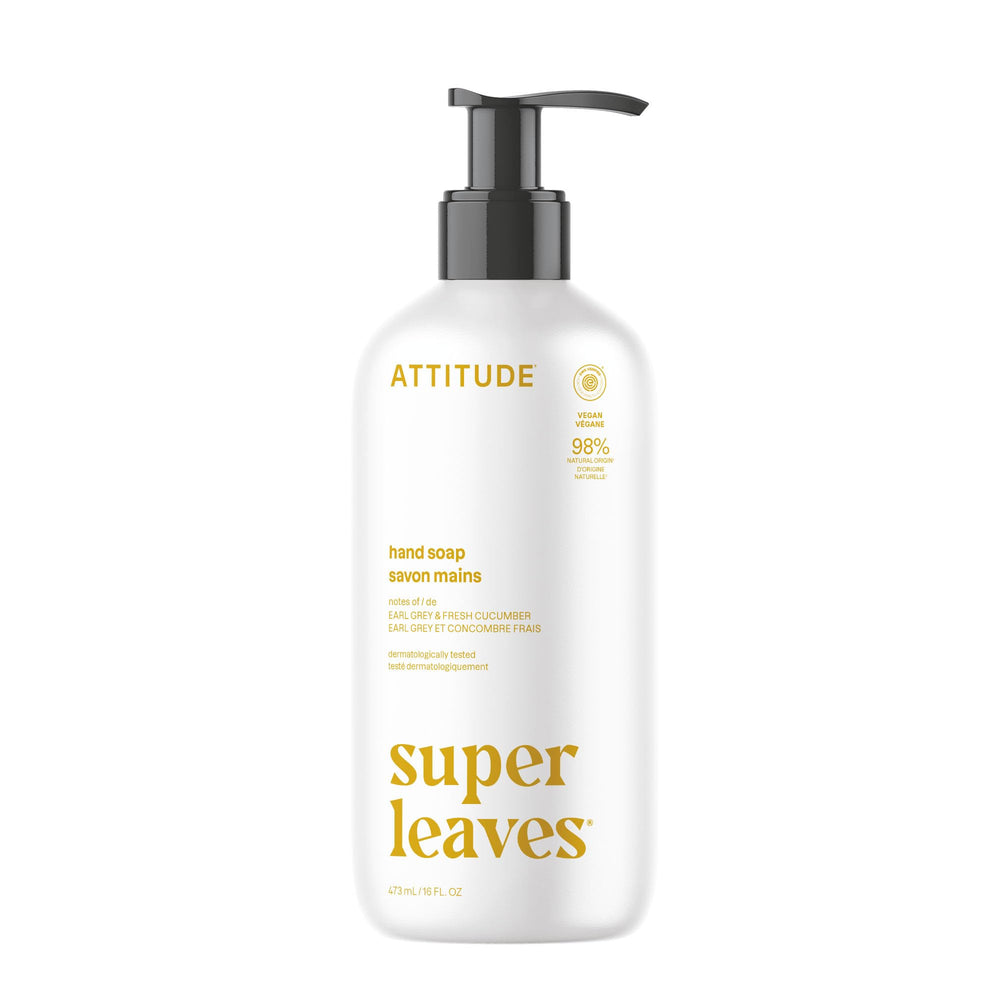 ATTITUDE liquid hand soap bottle with Earl Grey and cucumber scent for gentle cleansing.