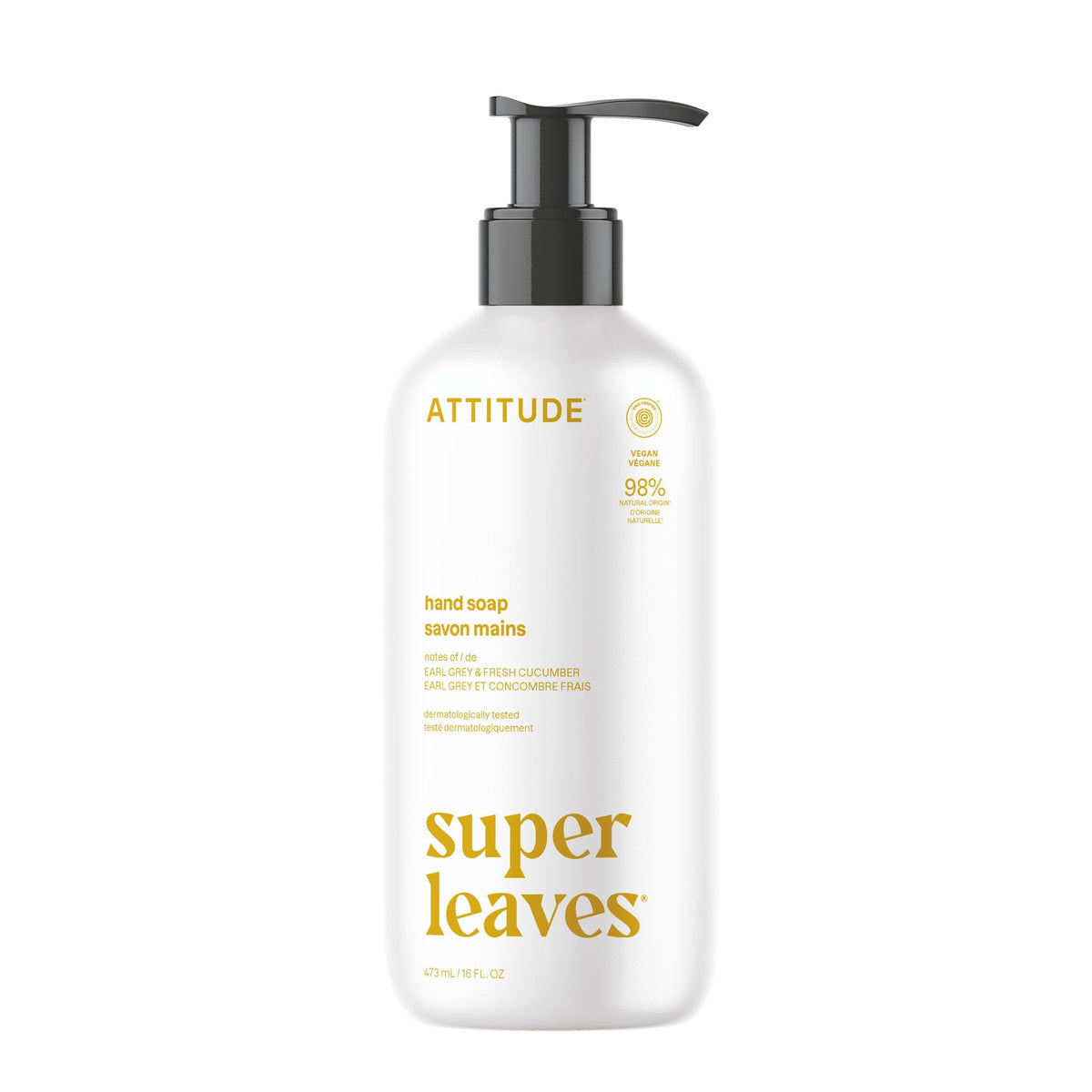 ATTITUDE liquid hand soap bottle with Earl Grey and cucumber scent for gentle cleansing.