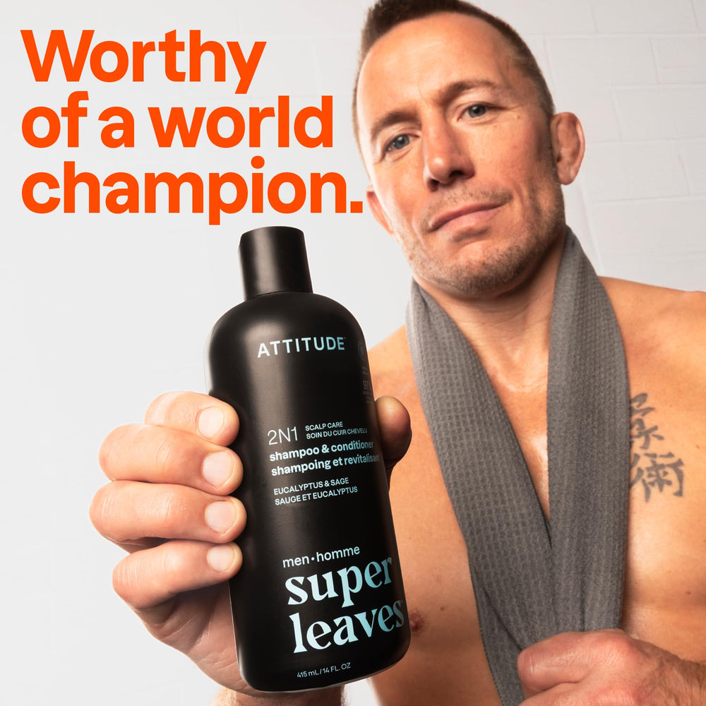 ATTITUDE 2in1 bottle side label highlighting ingredients and vegan formula for grooming