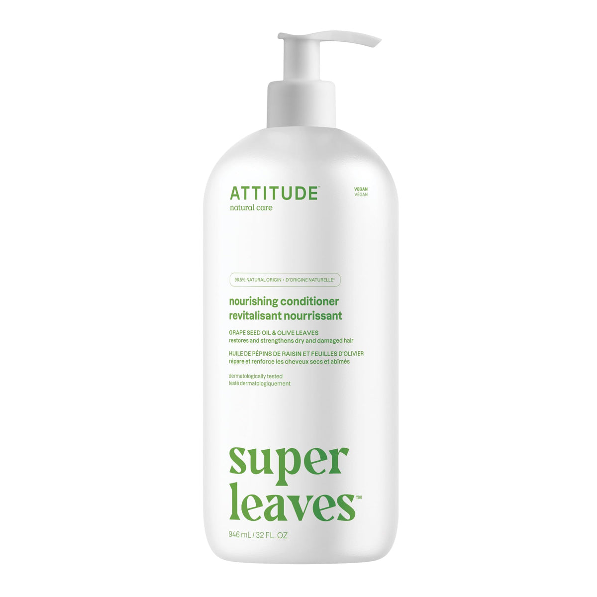 ATTITUDE Nourishing Conditioner bottle pour highlights detangling and shine for dry hair.