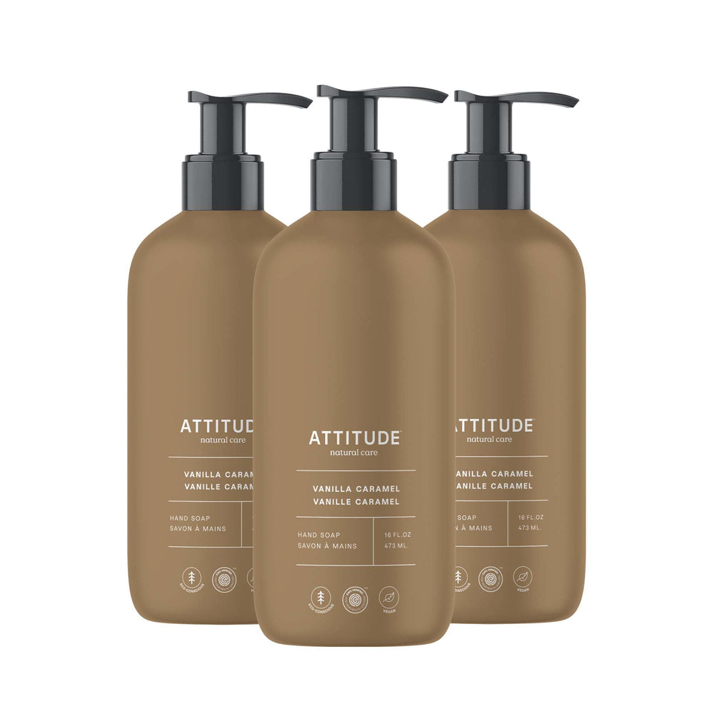 ATTITUDE vanilla caramel liquid hand soap bottle on shelf for everyday cleansing.