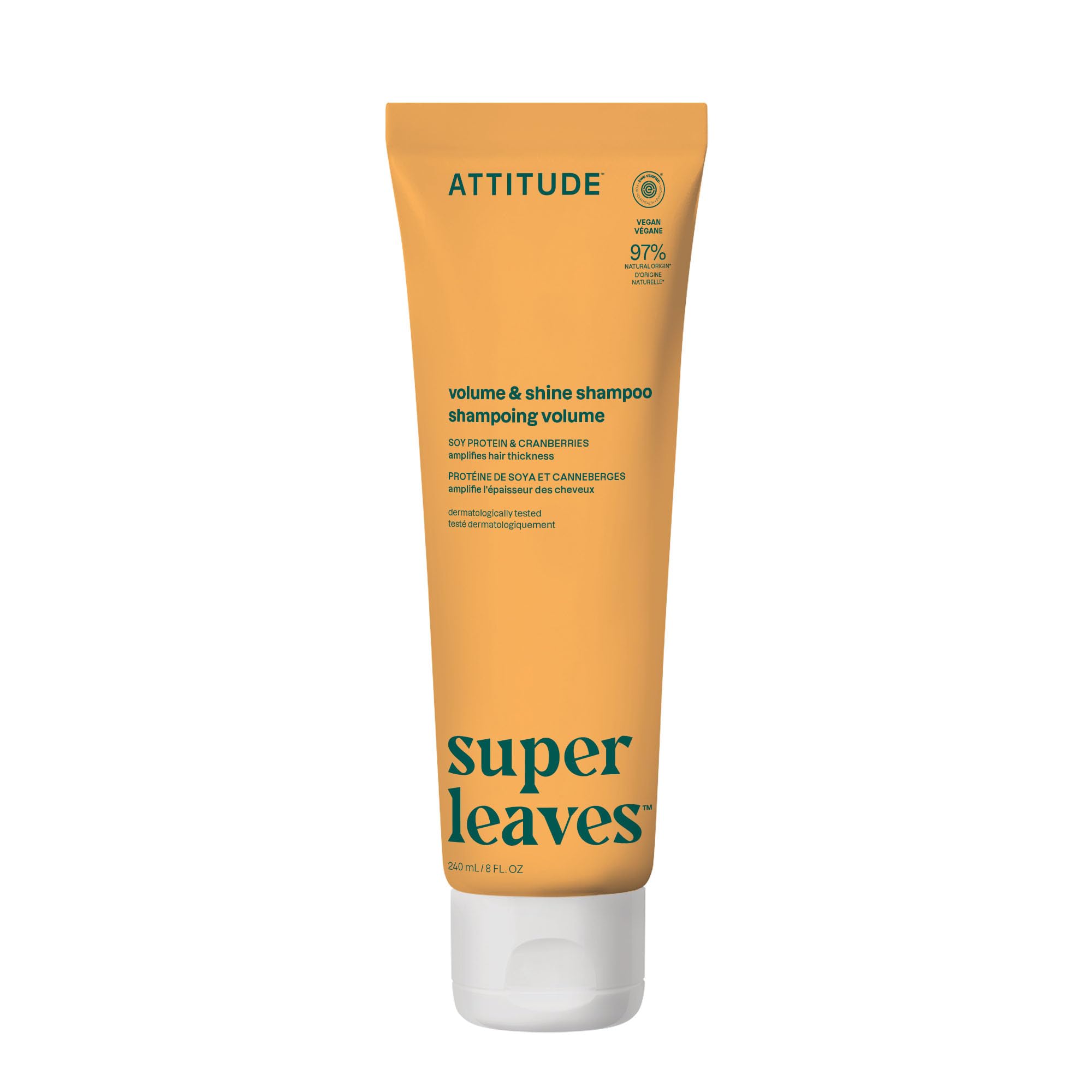 ATTITUDE Volume & Shine shampoo bottle front highlights lift for fine hair.