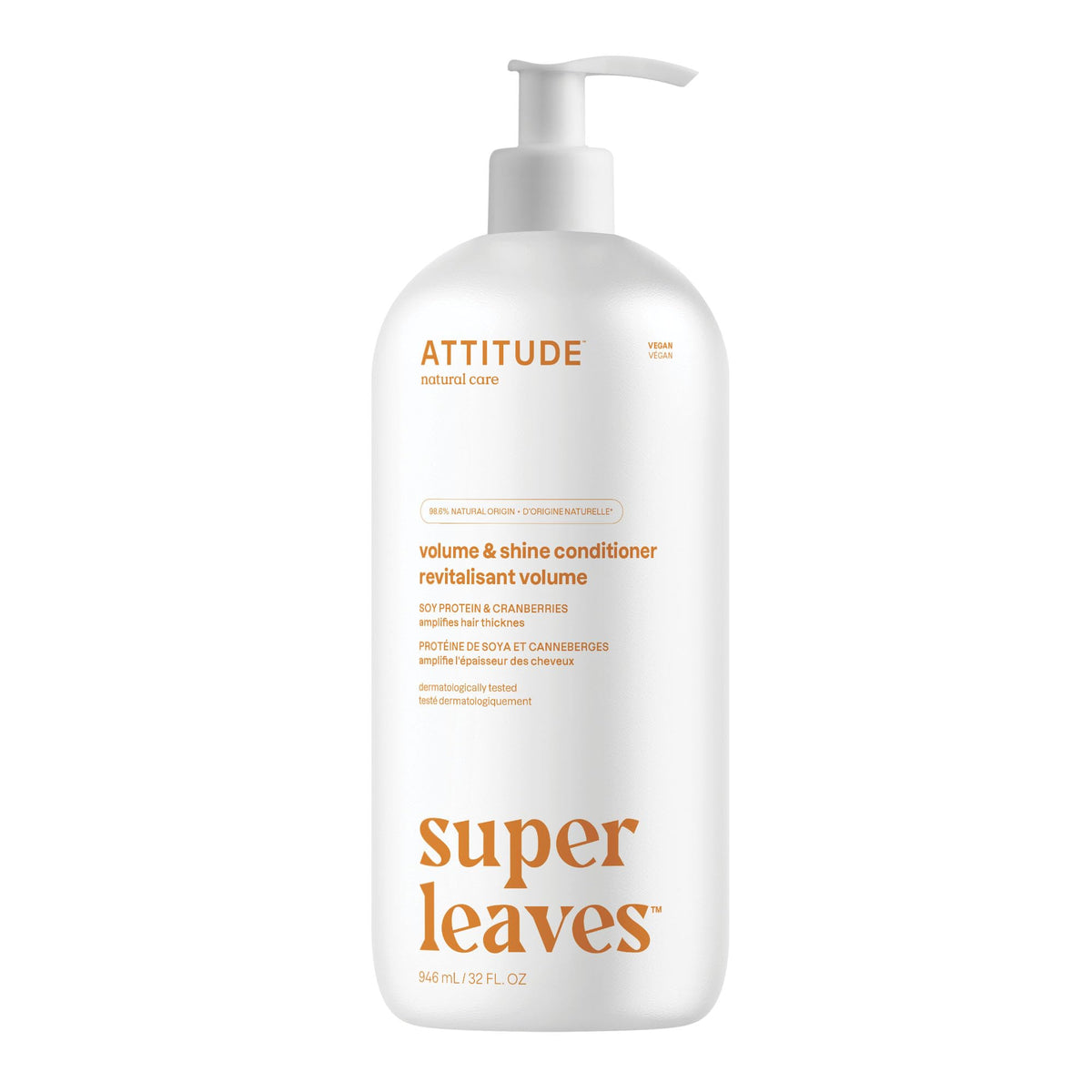 ATTITUDE Volume y Brillo acondicionador, botella visible, aporta cuerpo ligero al cabello fino.
