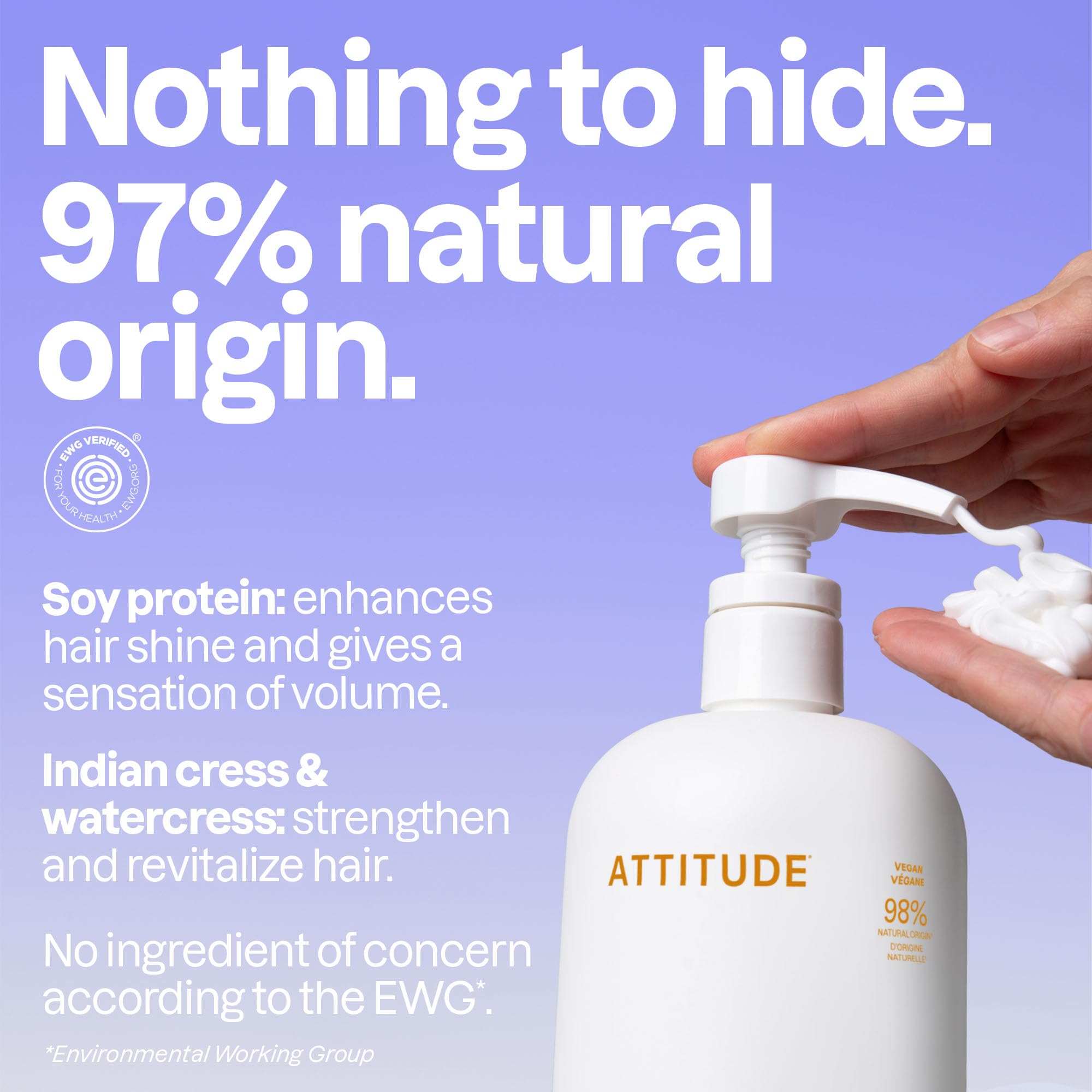 Acondicionador ATTITUDE con proteína de soja, realza volumen y brillo natural.