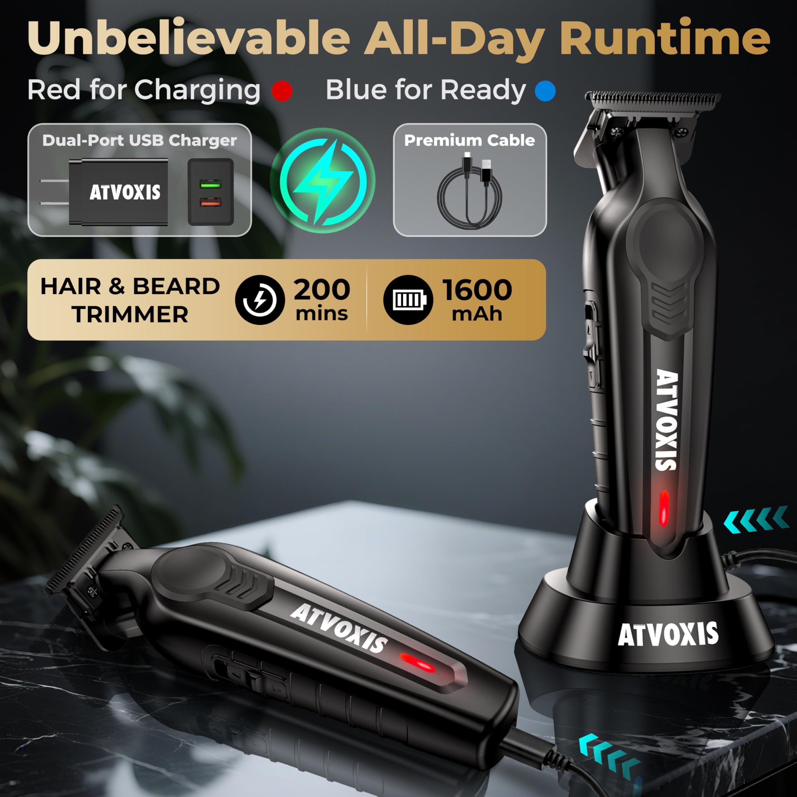 ATVOXIS trimmer with color-coded combs for quick length selection.