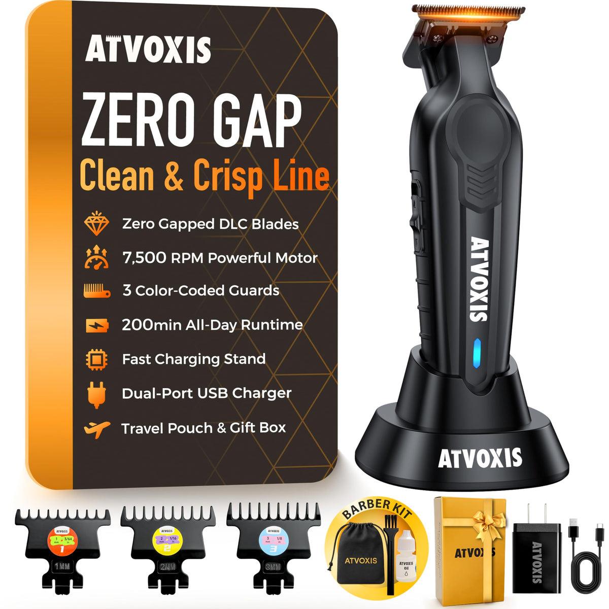 ATVOXIS hair trimmer with DLC blade close-up for precise edging.
