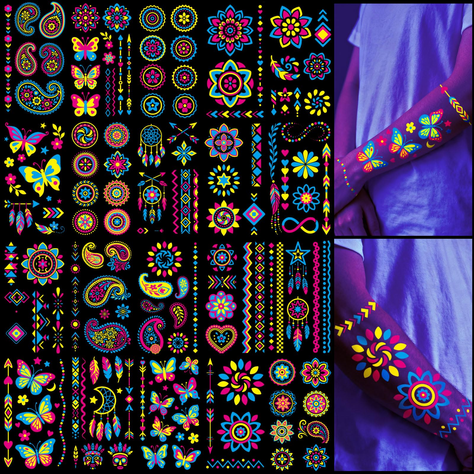 Tatuaje luminoso atydkug con flor; ideal para fiestas nocturnas y estilo llamativo