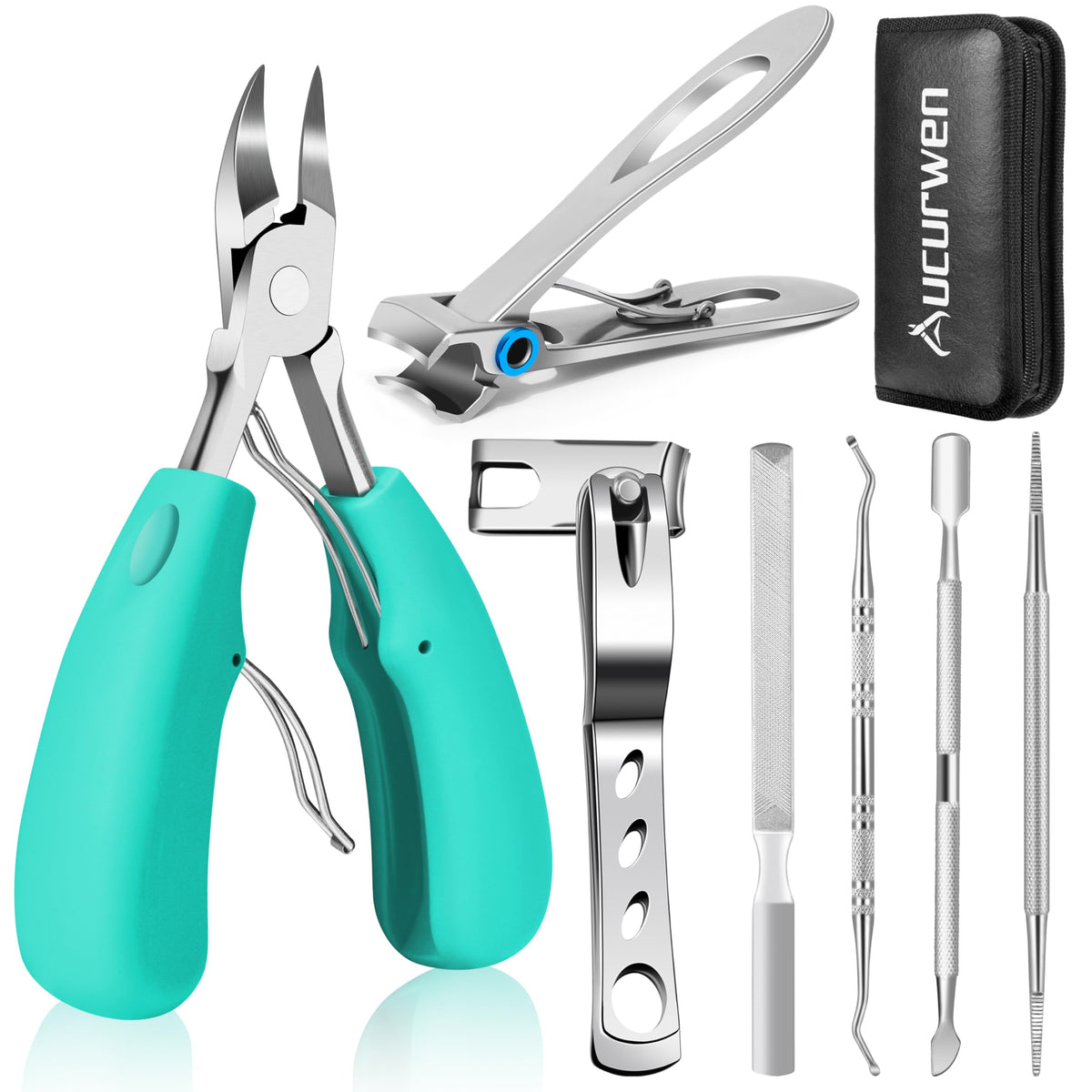 Aucurwen toenail clippers kit close-up for precise trimming of thick nails.