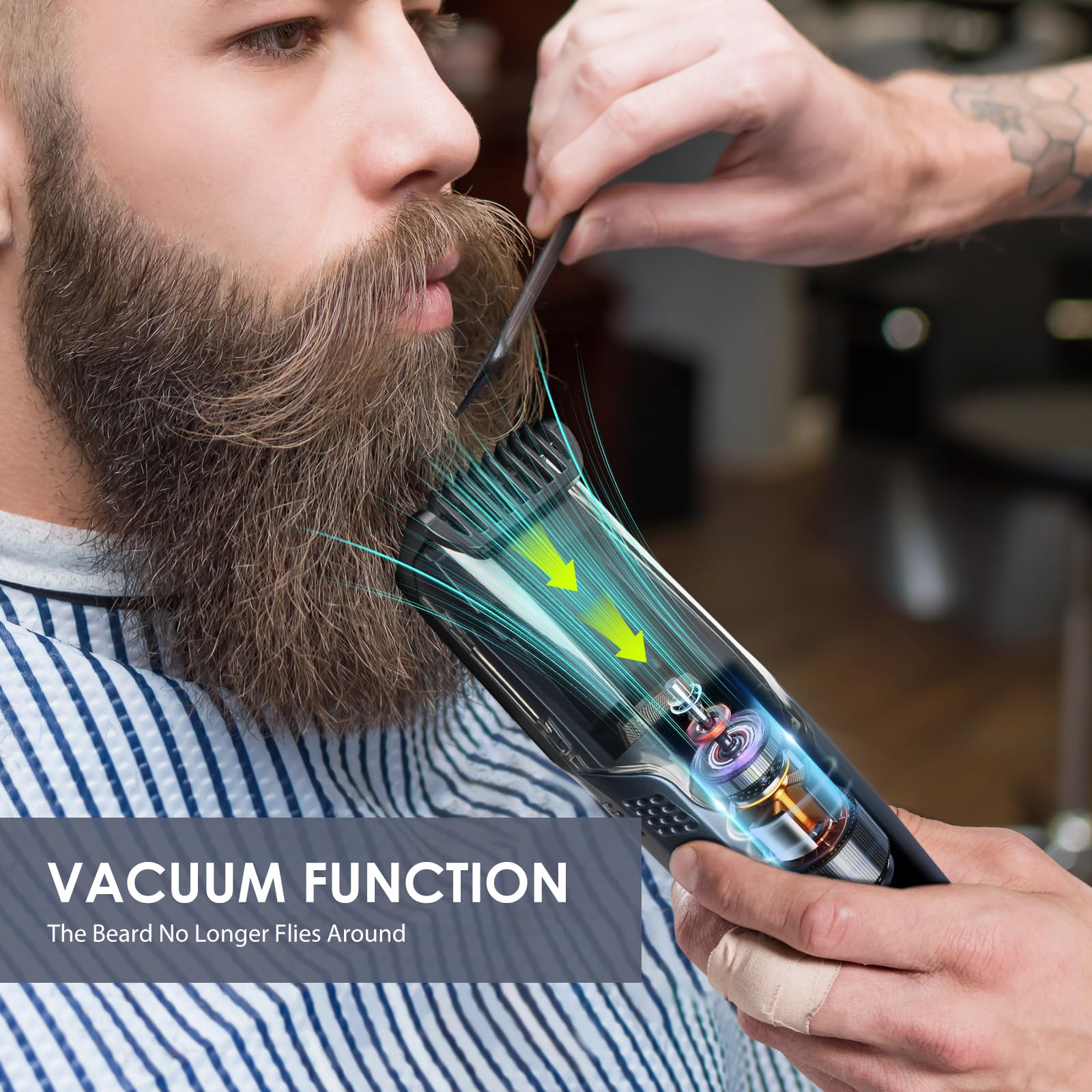 Audoc vacuum chamber collects trimmed hair for mess-free grooming.