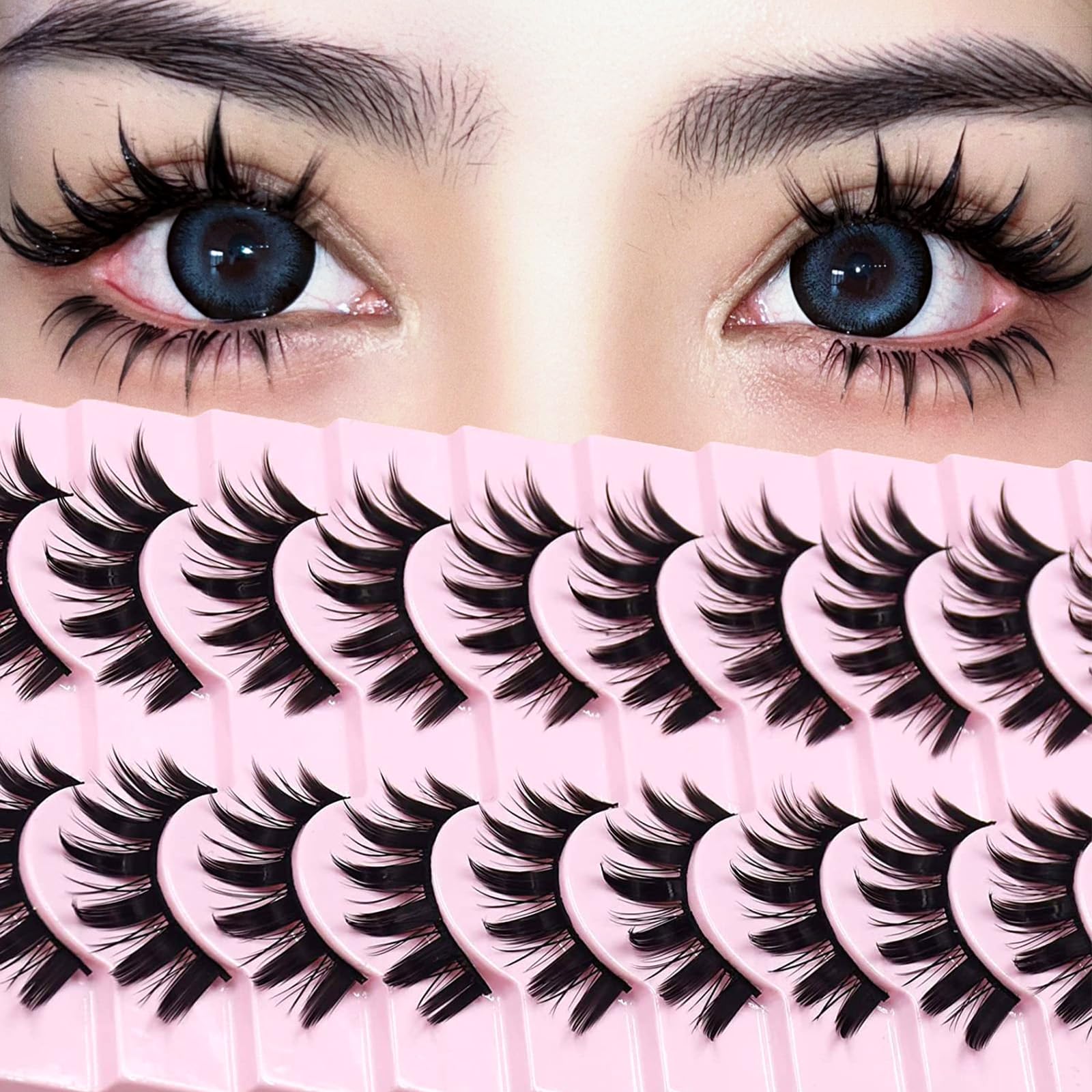 AUGENLI manga lashes 10-pairs spiky set for cosplay and anime-inspired eyes.