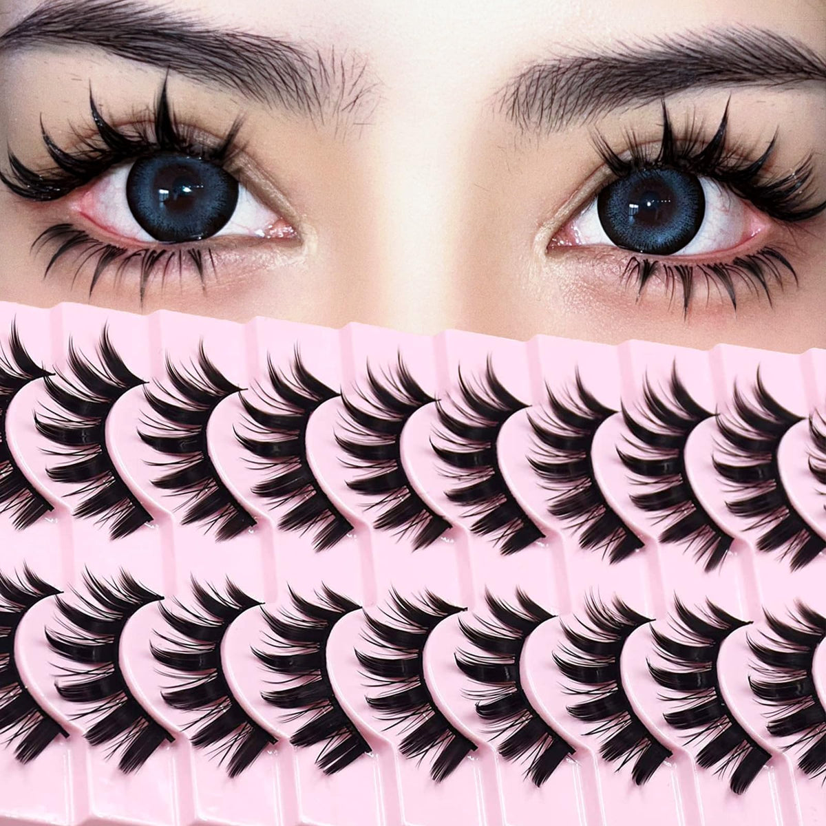 AUGENLI manga lashes 10-pairs spiky set for cosplay and anime-inspired eyes.