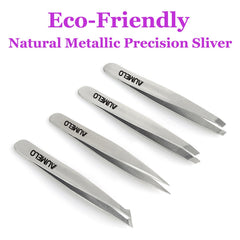 AUMELO angled-tip tweezers provide controlled access around brows and nose area.