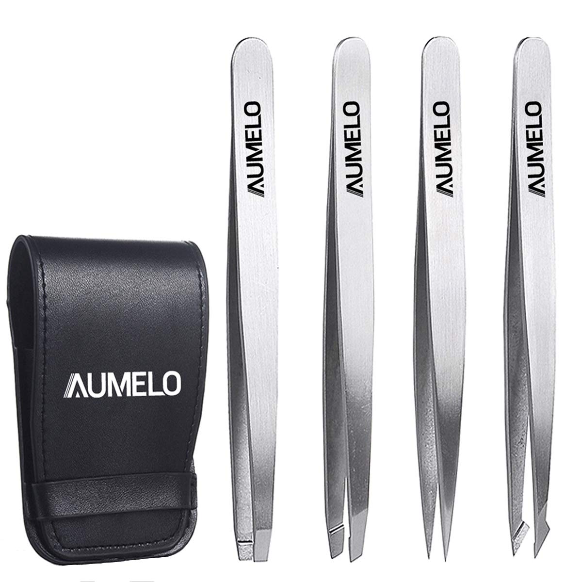 AUMELO flat-tip tweezers for precise brow shaping and splinter removal.