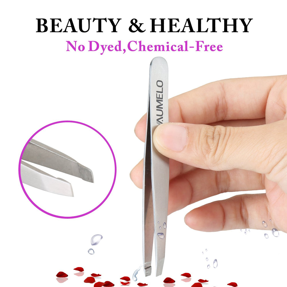 AUMELO slant-tip tweezers versatile tool for grooming and quick touch-ups.