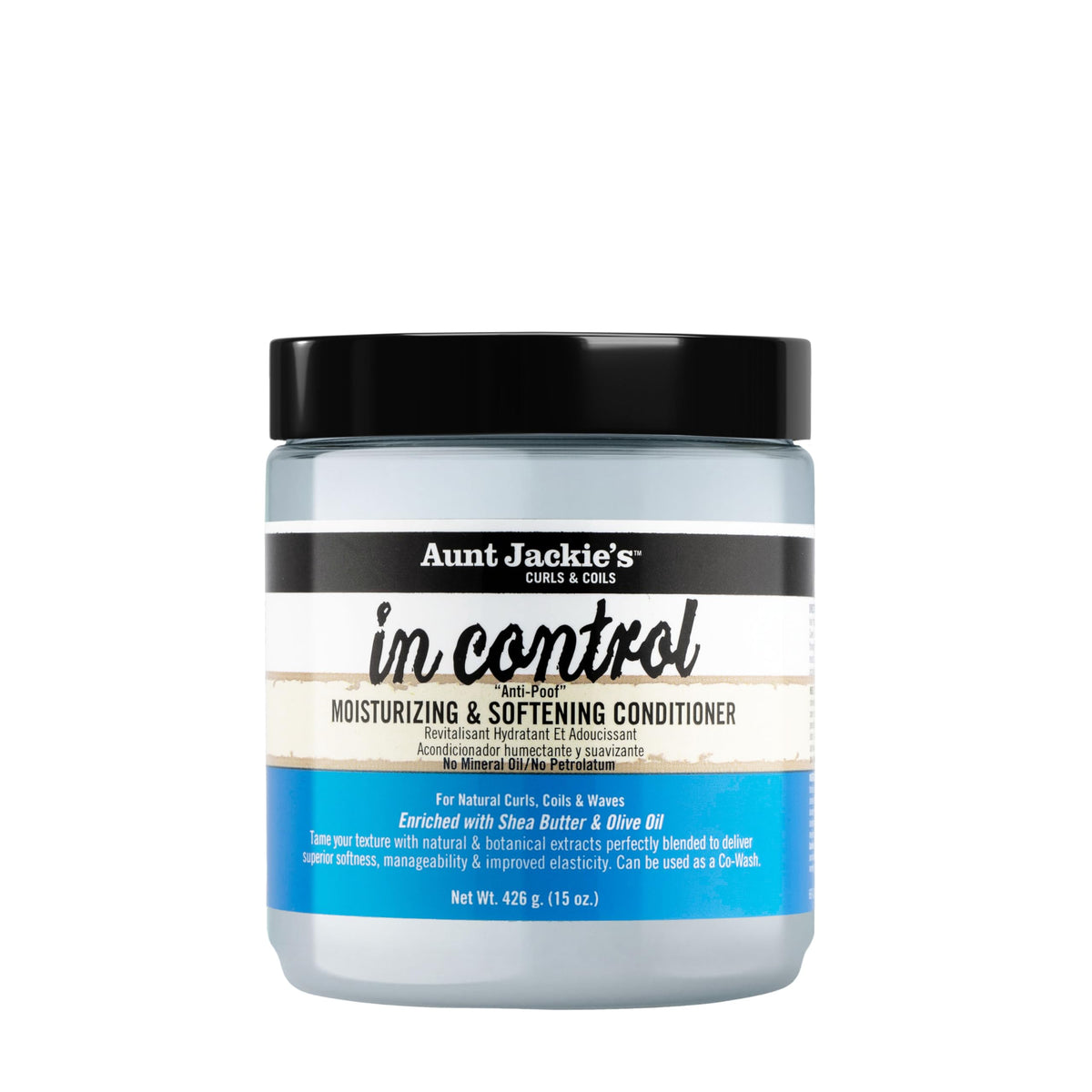 Aunt Jackie's In Control, botella antifrizz, para cabello más suave y manejable.