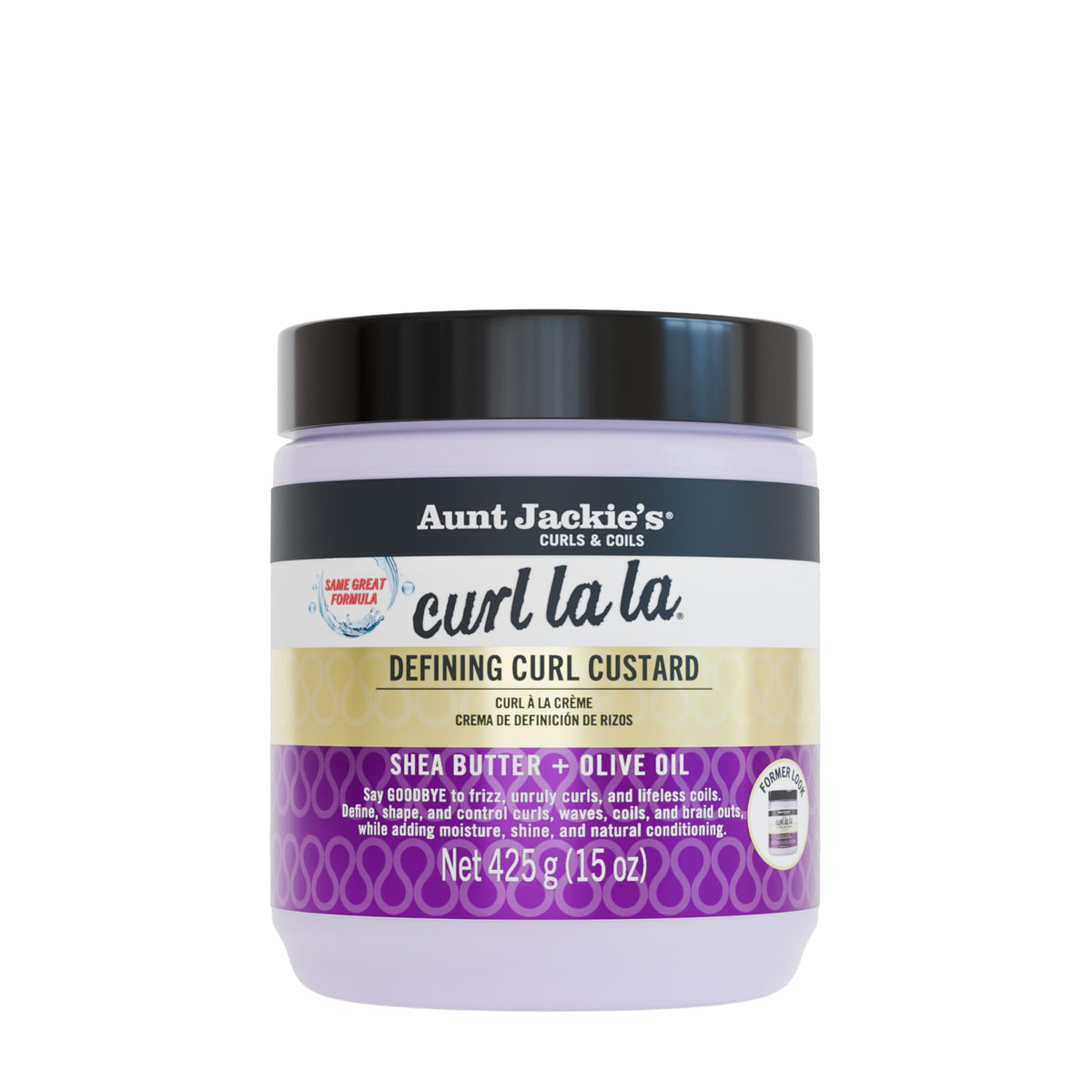 Aunt Jackie's Curl La La jar demonstrating defined, moisturized curls.