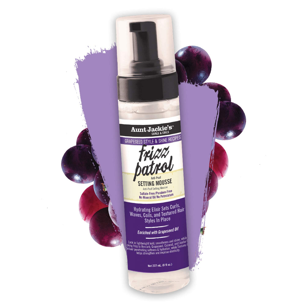 Aunt Jackie's Frizz Patrol Mousse brillo suave gracias a aceite de semilla de uva.