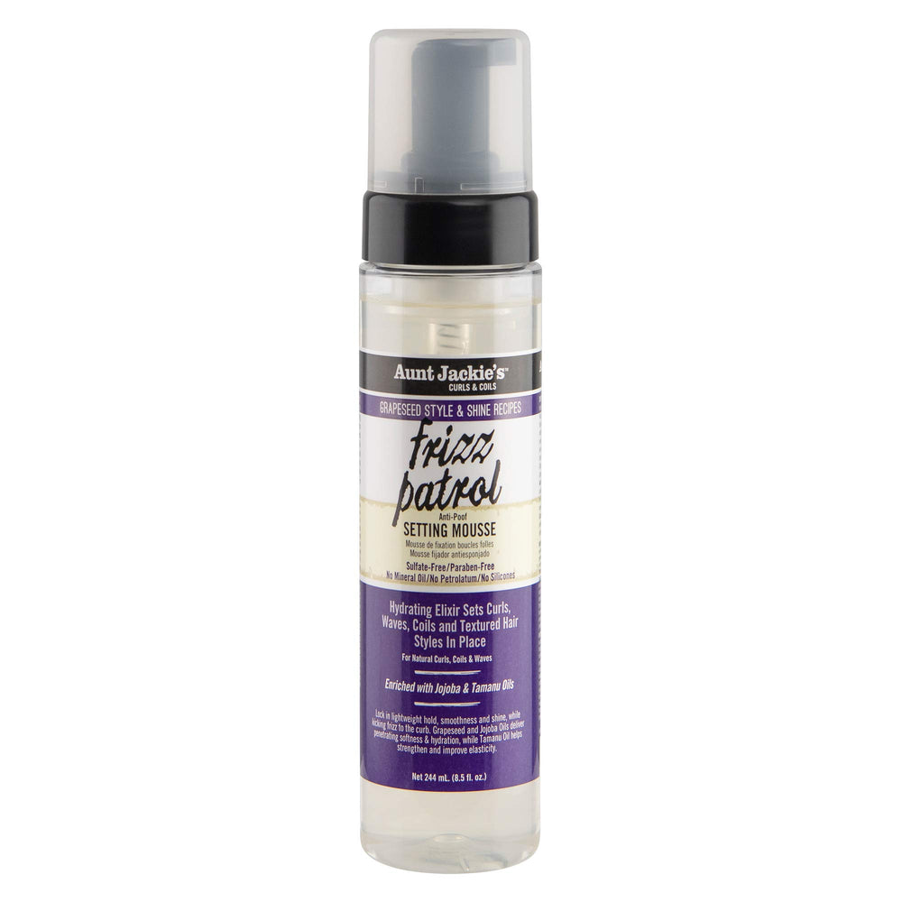 Aunt Jackie's Frizz Patrol Mousse envase, fijación ligera para rizos definidos.