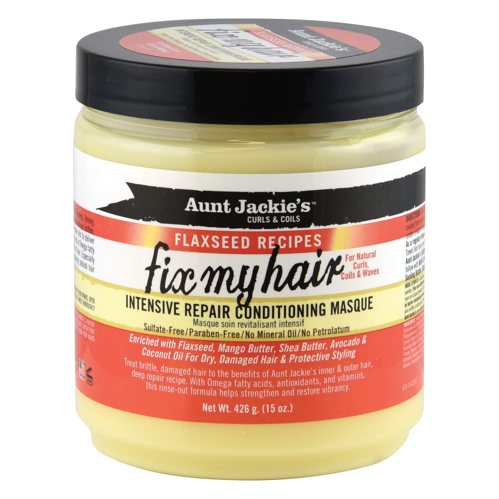 Mascarilla intensiva de Aunt Jackie's, frasco 15oz, reparación profunda y suavizante para el cabello.