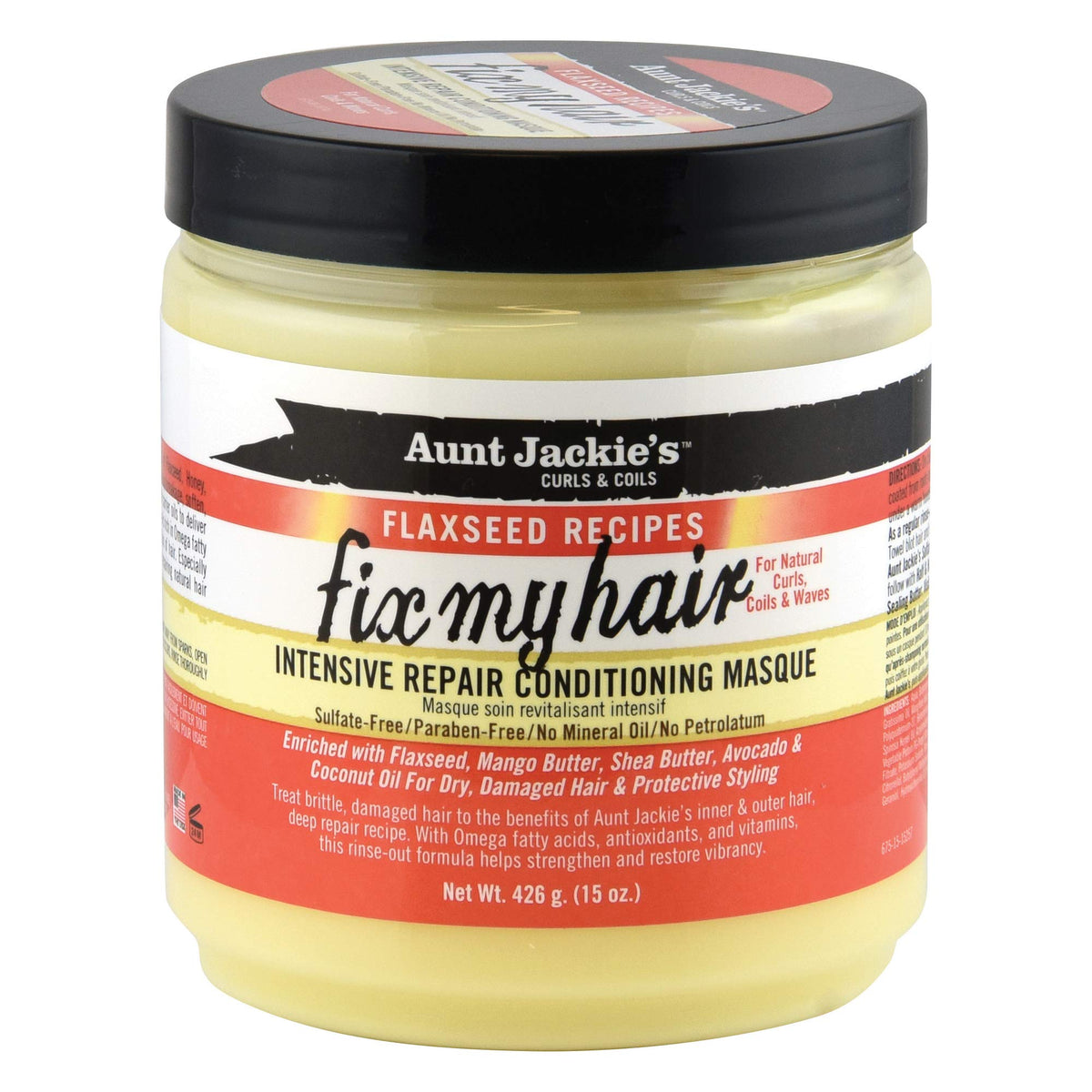 Mascarilla intensiva de Aunt Jackie's, frasco 15oz, reparación profunda y suavizante para el cabello.