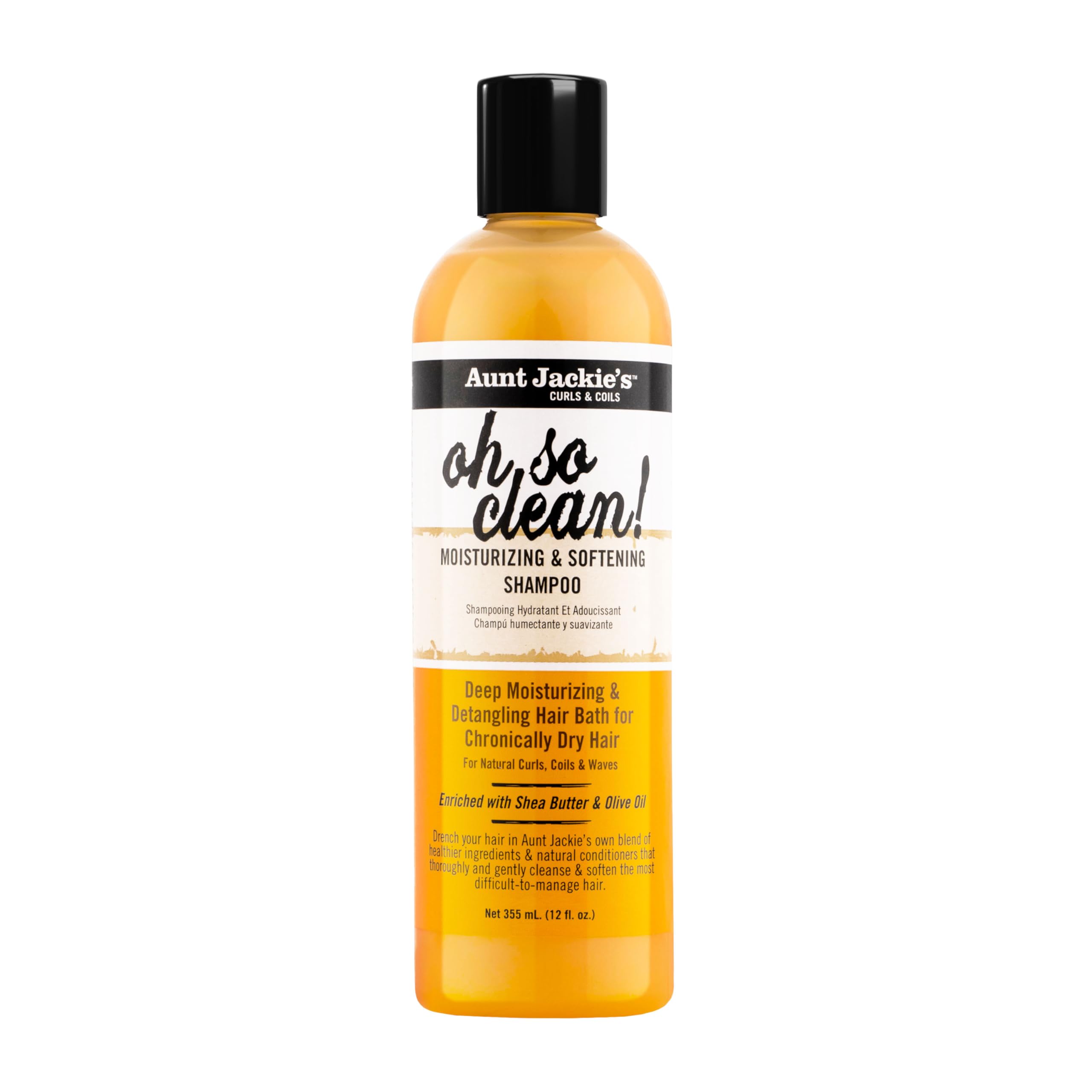 Aunt Jackie's Oh So Clean shampoo bottle pour supports quick daily cleansing.