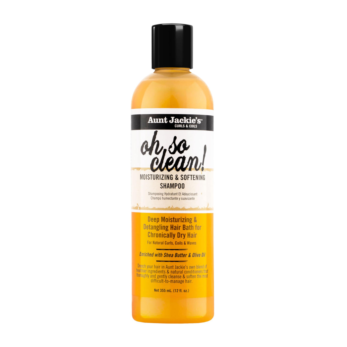 Aunt Jackie's Oh So Clean shampoo bottle pour supports quick daily cleansing.