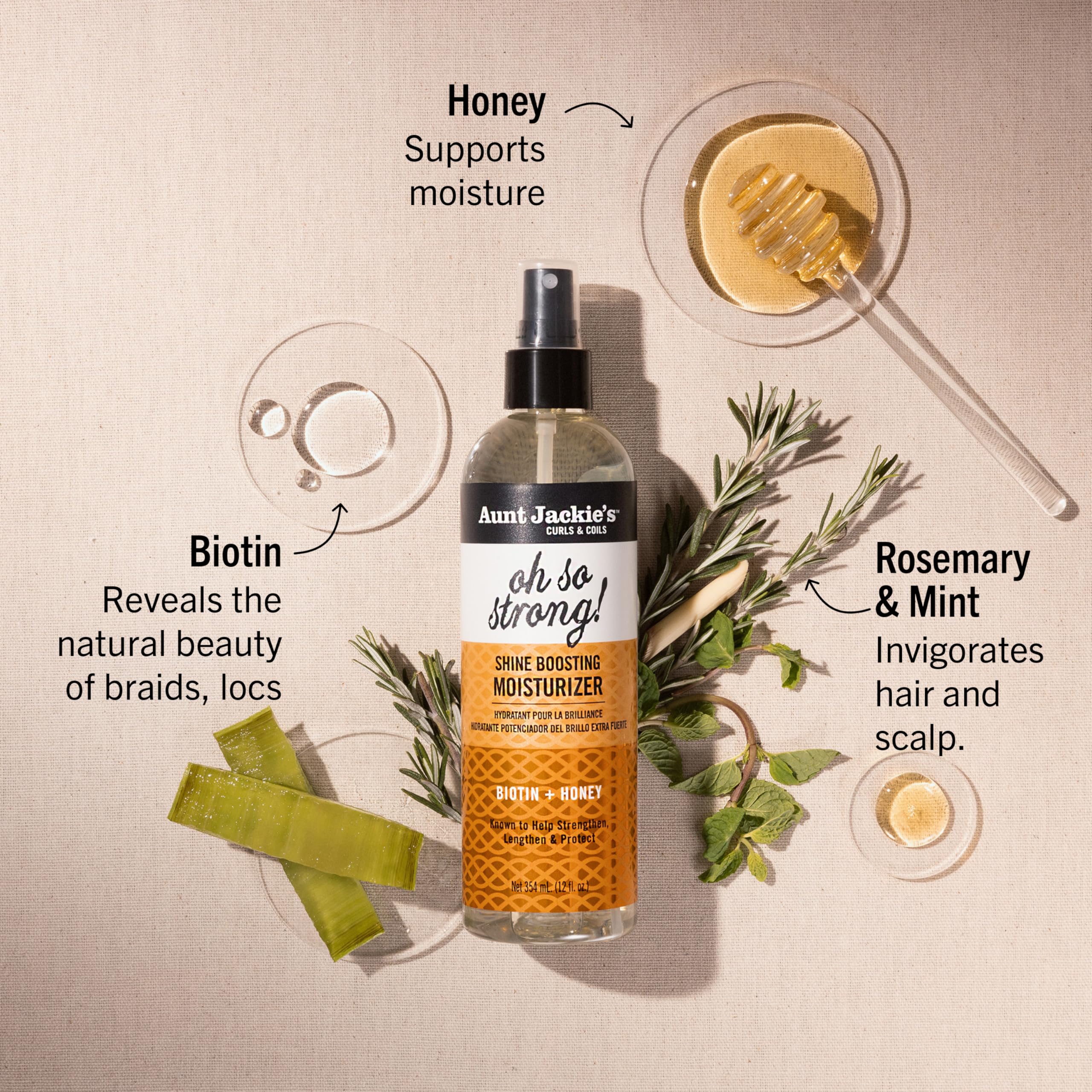 Aunt Jackie's Oh So Strong closeup of scalp refreshment demonstrates lightweight spray