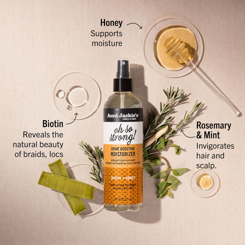 Aunt Jackie's Oh So Strong closeup of scalp refreshment demonstrates lightweight spray