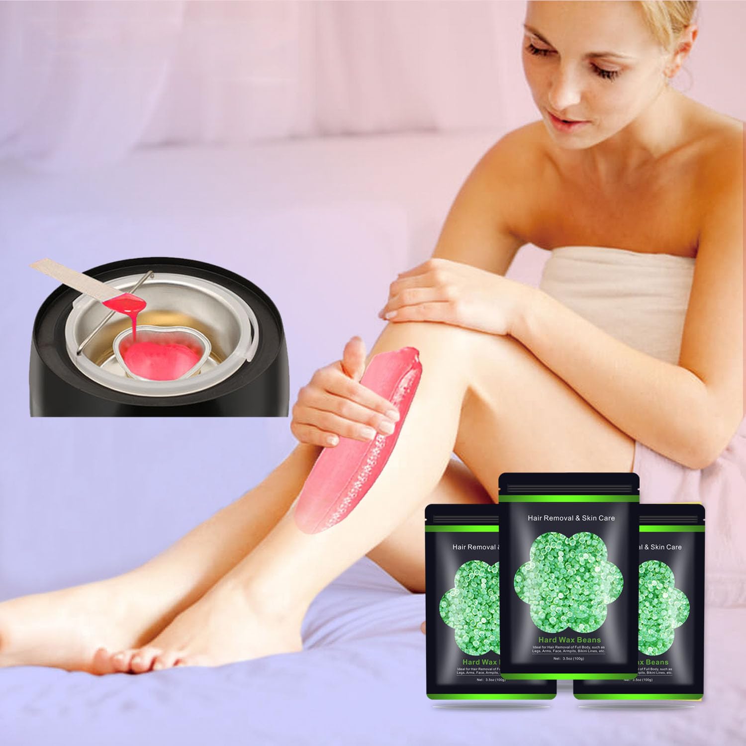 Auperwel wax beads legs image highlighting at-home full-body hair removal routine.