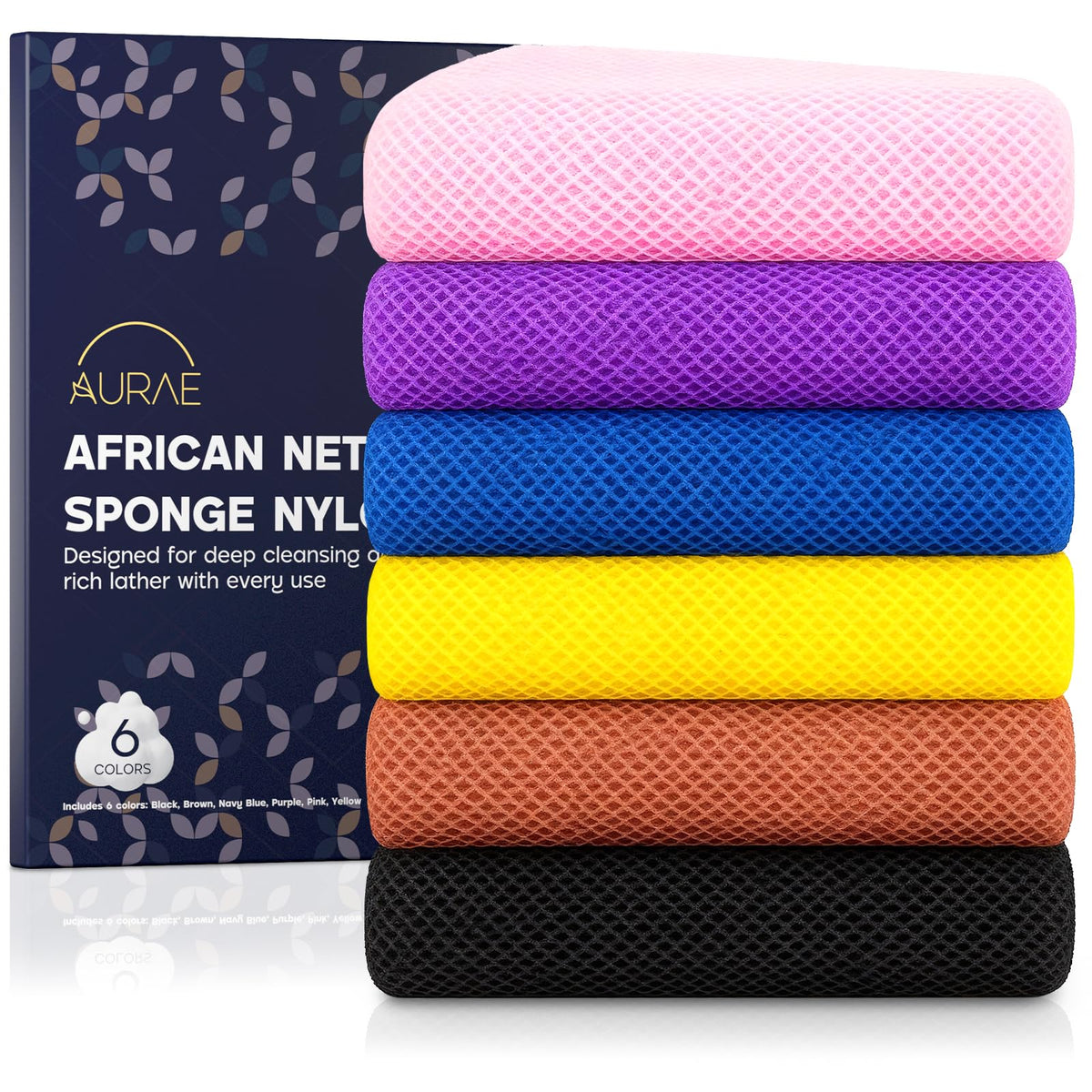 AURAE African Net Sponge six-pack colors for quick daily exfoliation.