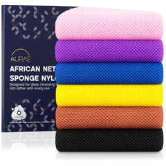 AURAE African Net Sponge six-pack colors for quick daily exfoliation.
