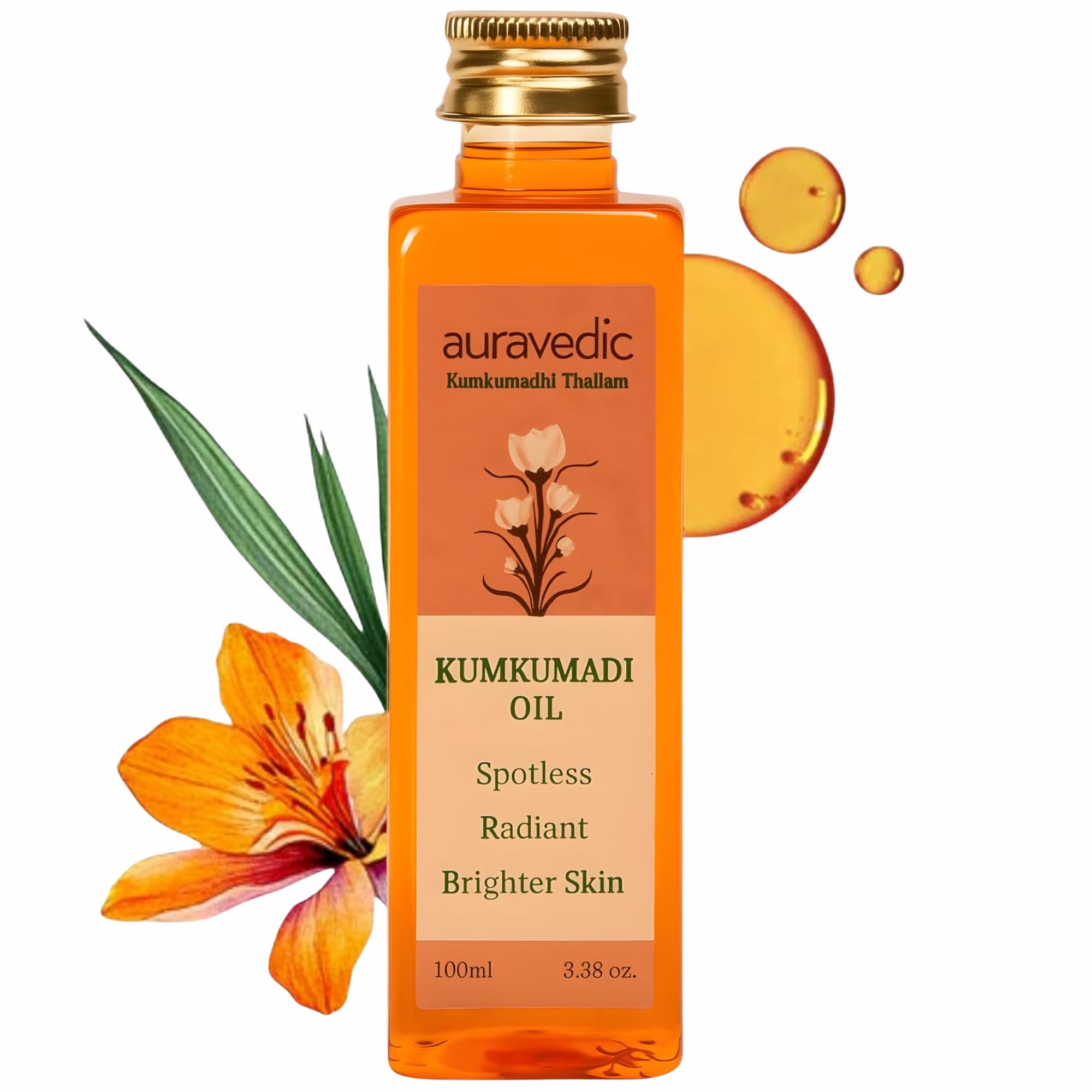 Auravedic Kumkumadi Oil bottle highlights saffron-infused skincare for radiant, nourished-looking skin.