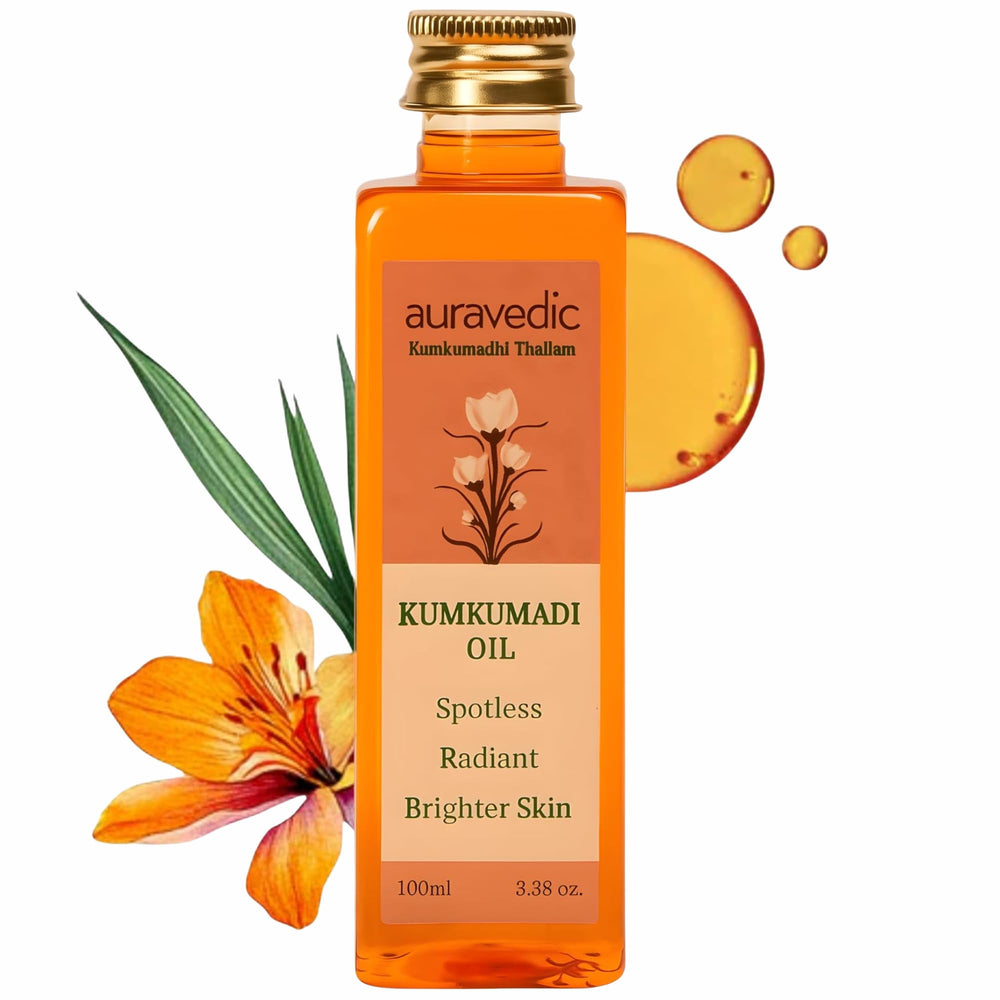 Auravedic Kumkumadi Oil bottle highlights saffron-infused skincare for radiant, nourished-looking skin.