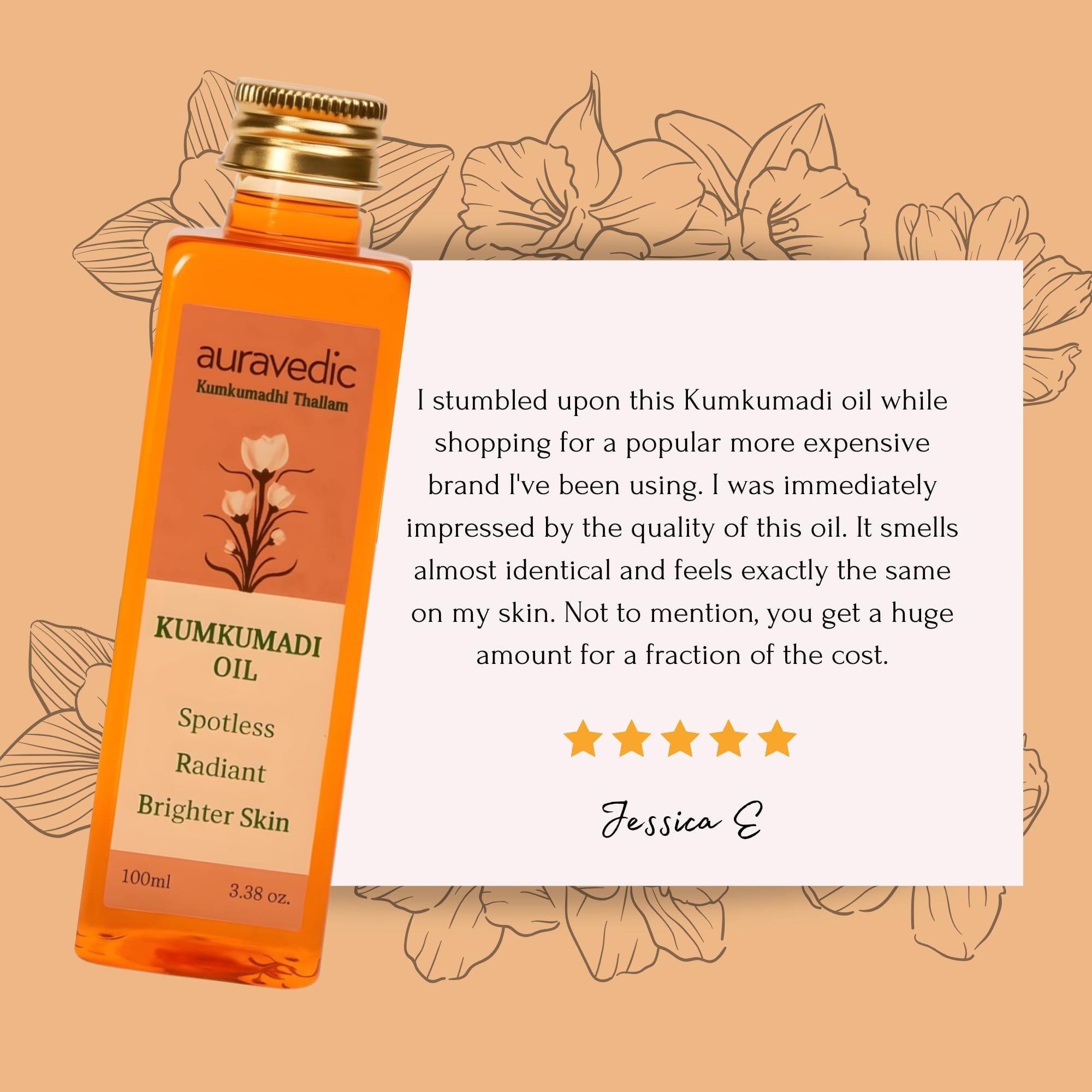 Auravedic Kumkumadi Oil herbal blend graphic showcases saffron, herbs and botanicals.
