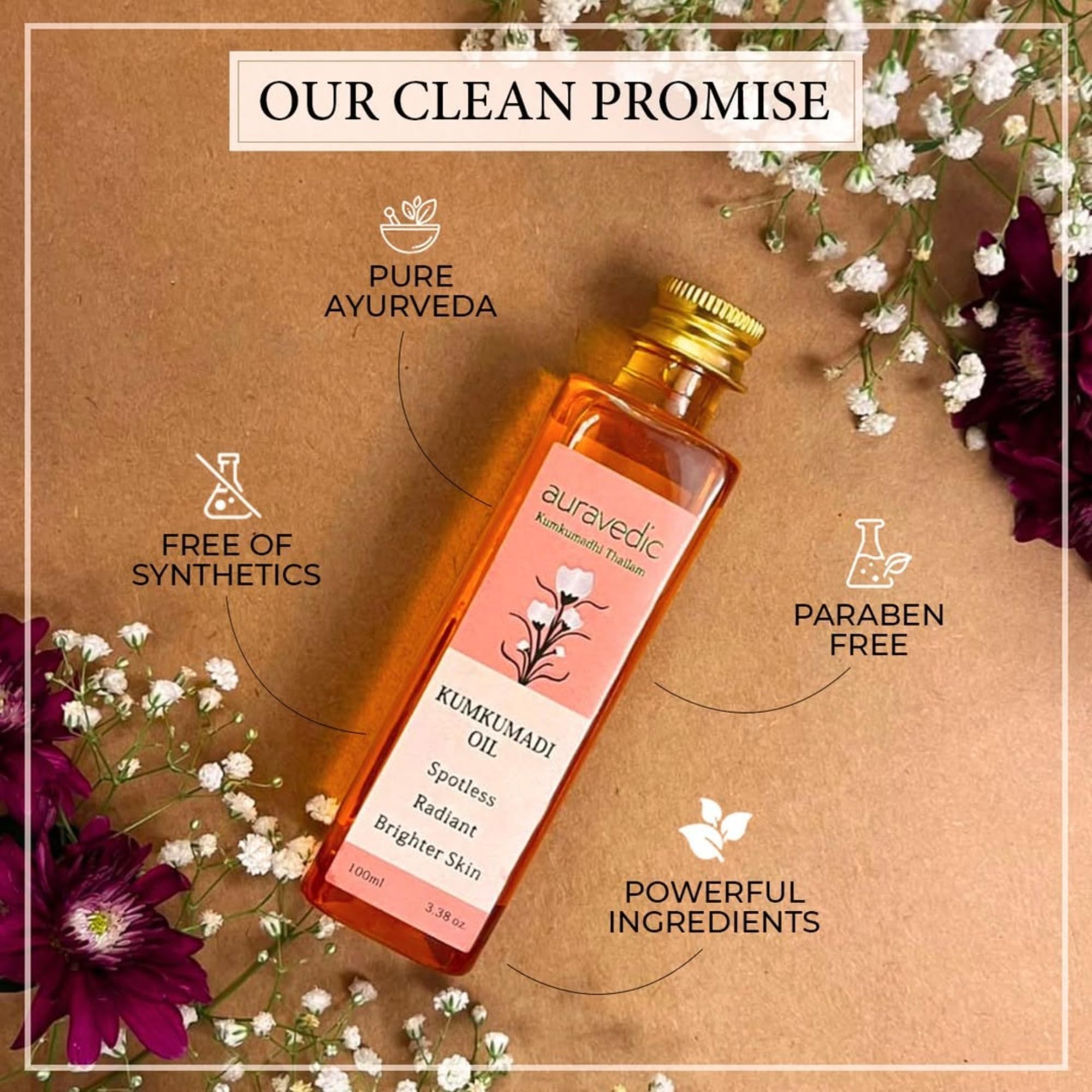 Auravedic Kumkumadi Oil packaging box with bottle emphasizes premium Ayurvedic care.