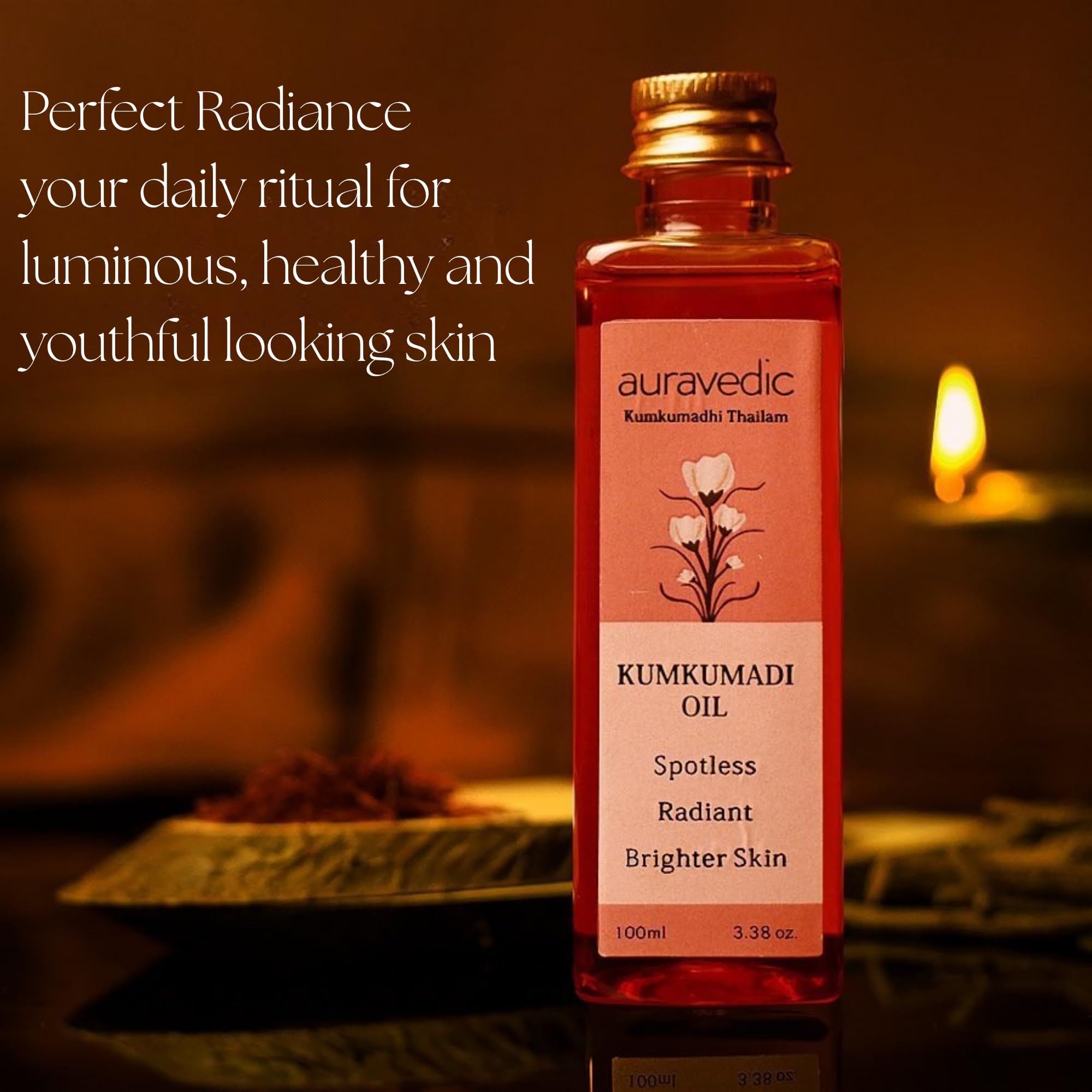 Auravedic Kumkumadi Oil saffron threads close-up highlights luxury ingredients for glow.