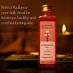 Auravedic Kumkumadi Oil saffron threads close-up highlights luxury ingredients for glow.