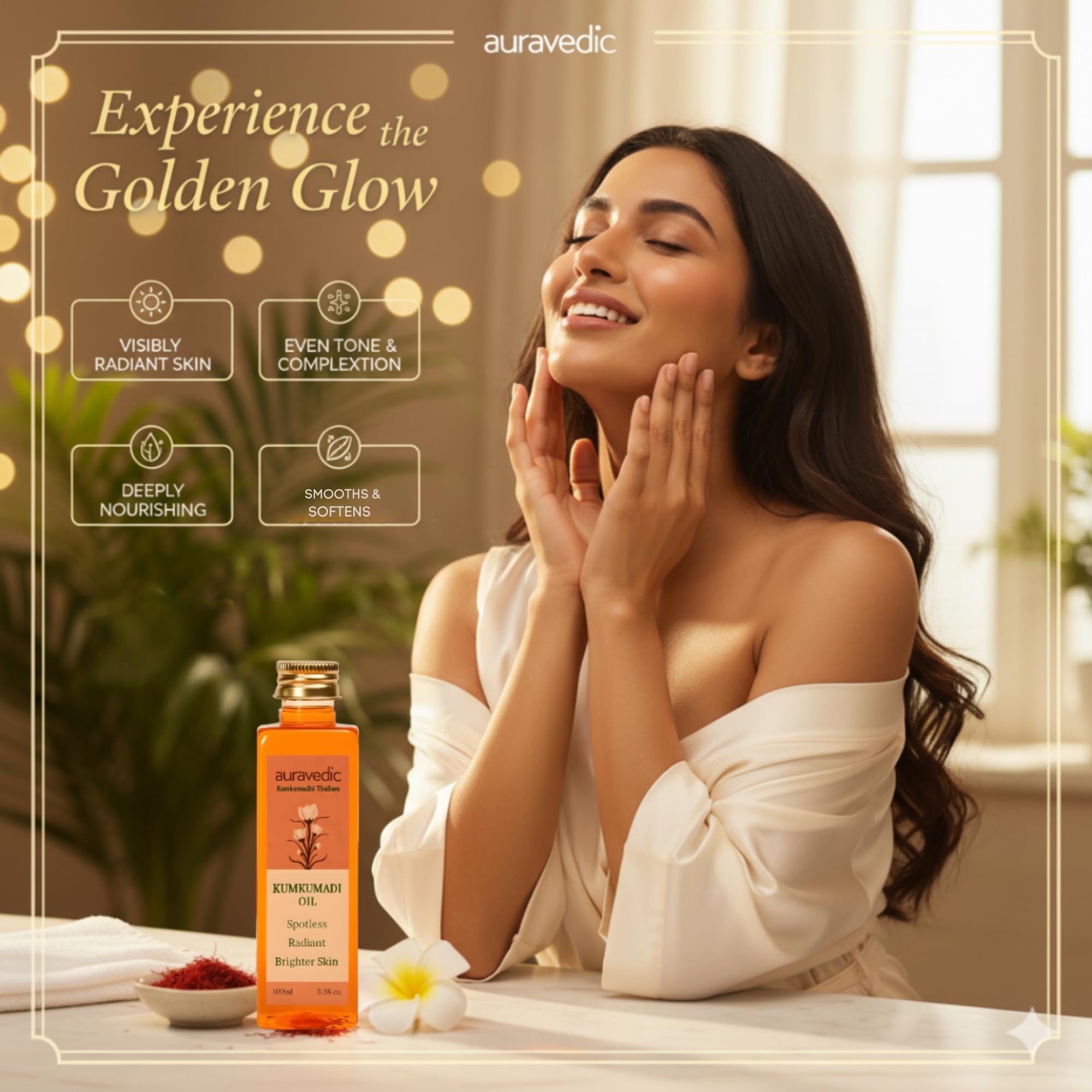 Auravedic Kumkumadi Oil texture on skin demonstrates lightweight, fast-absorbing finish for day use.