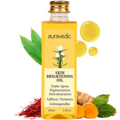 Auravedic turmeric oil bottle for radiant, healthy-looking skin.