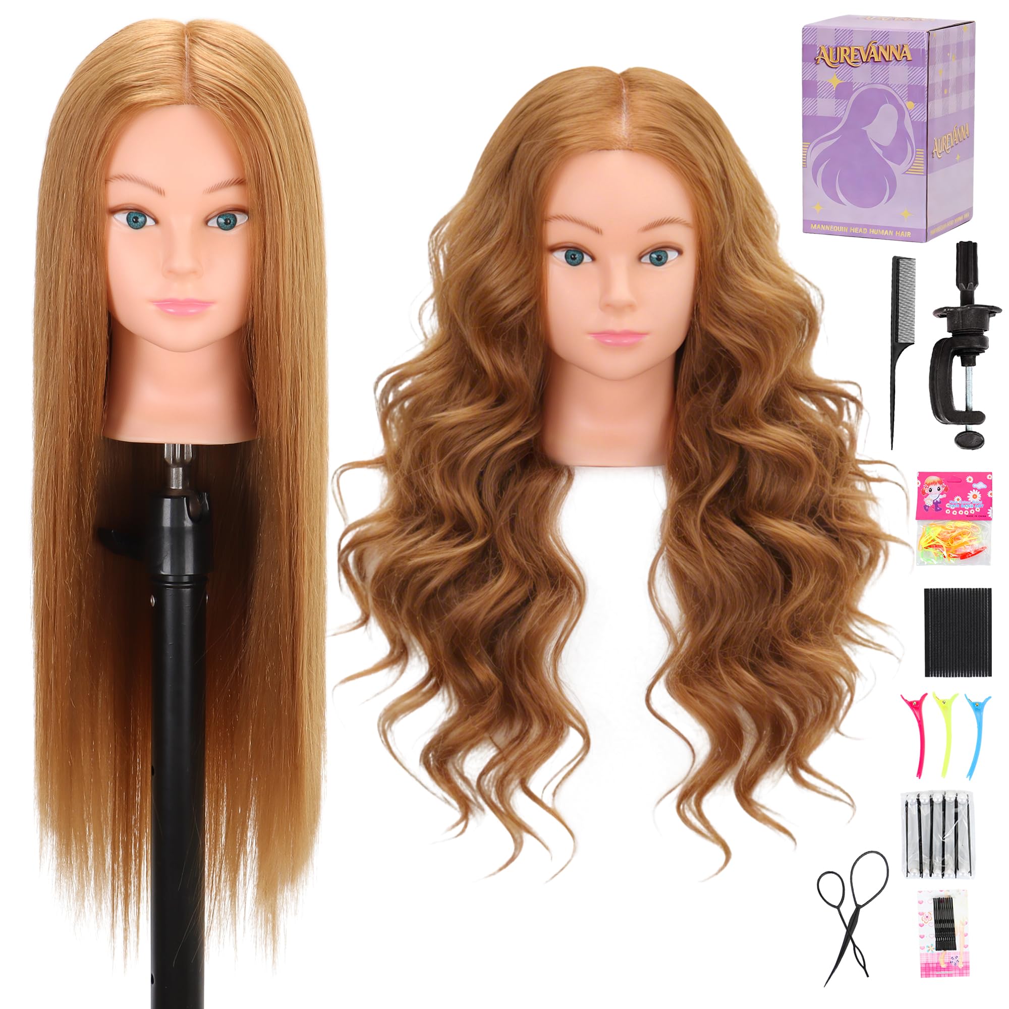 Aurevanna mannequin head with 80% real hair for versatile cosmetology training and realistic styling practice.