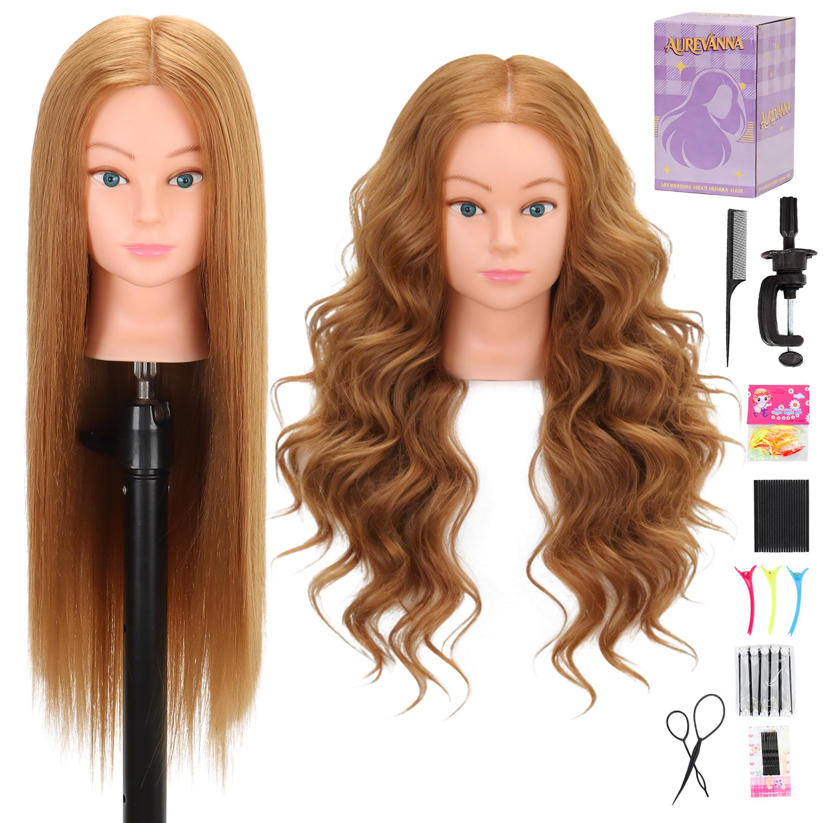 Aurevanna mannequin head with 80% real hair for versatile cosmetology training and realistic styling practice.