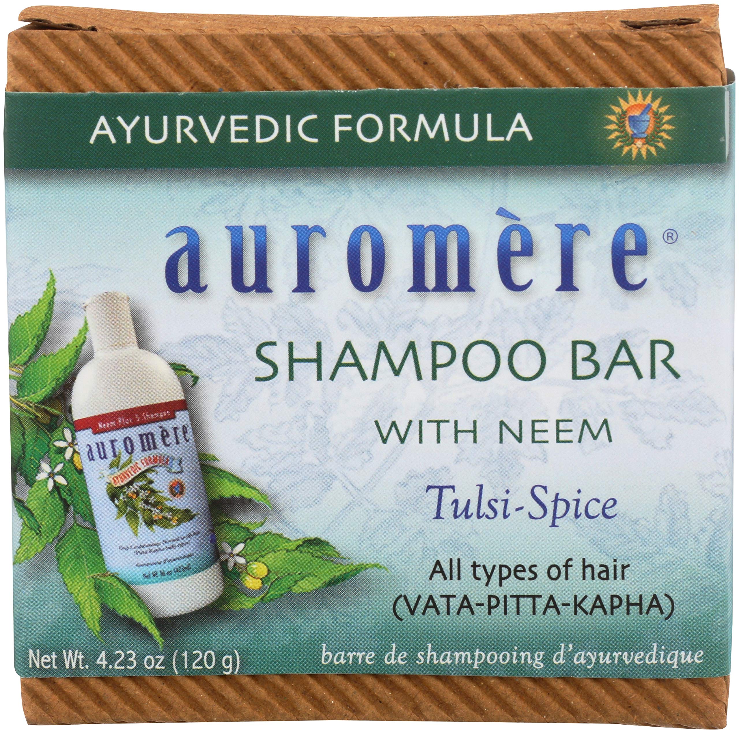 Auromere shampoo bar with zero-waste packaging, eco-friendly care.