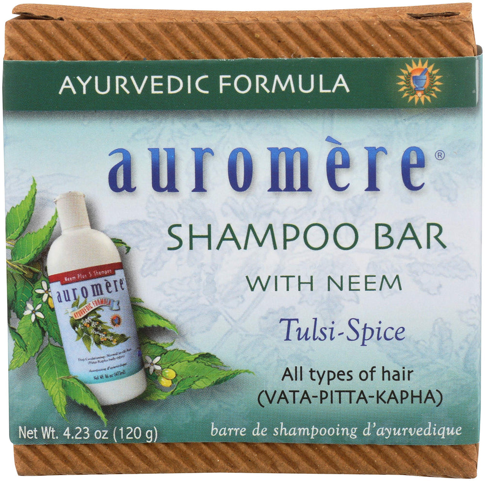 Auromere shampoo bar with zero-waste packaging, eco-friendly care.