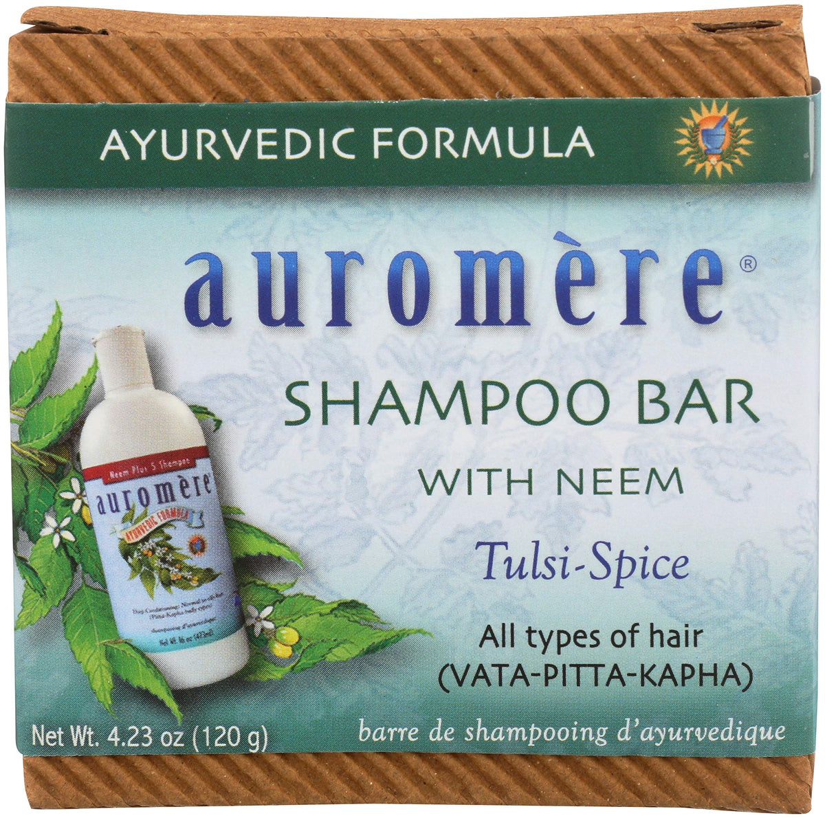 Auromere shampoo bar with zero-waste packaging, eco-friendly care.