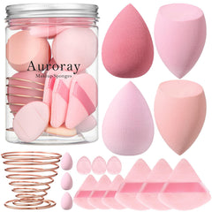 Auroray 17pcs makeup sponge set full kit in pink with transparent jar for easy storage