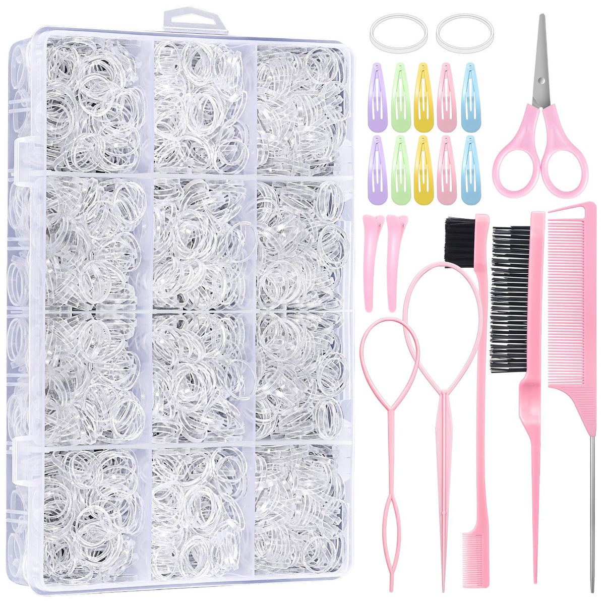 Auroray 2200 clear hair ties organized in a box for versatile daily styling